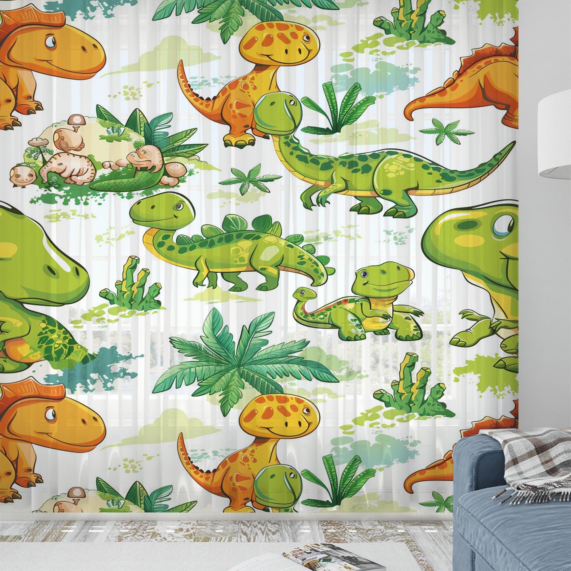 Dinosaur Sheer Curtain for Kids Room, Lightweight Green Orange Dino Jurassic Nursery Net Voile, Kids Room Window Drapes, Machine Washable
