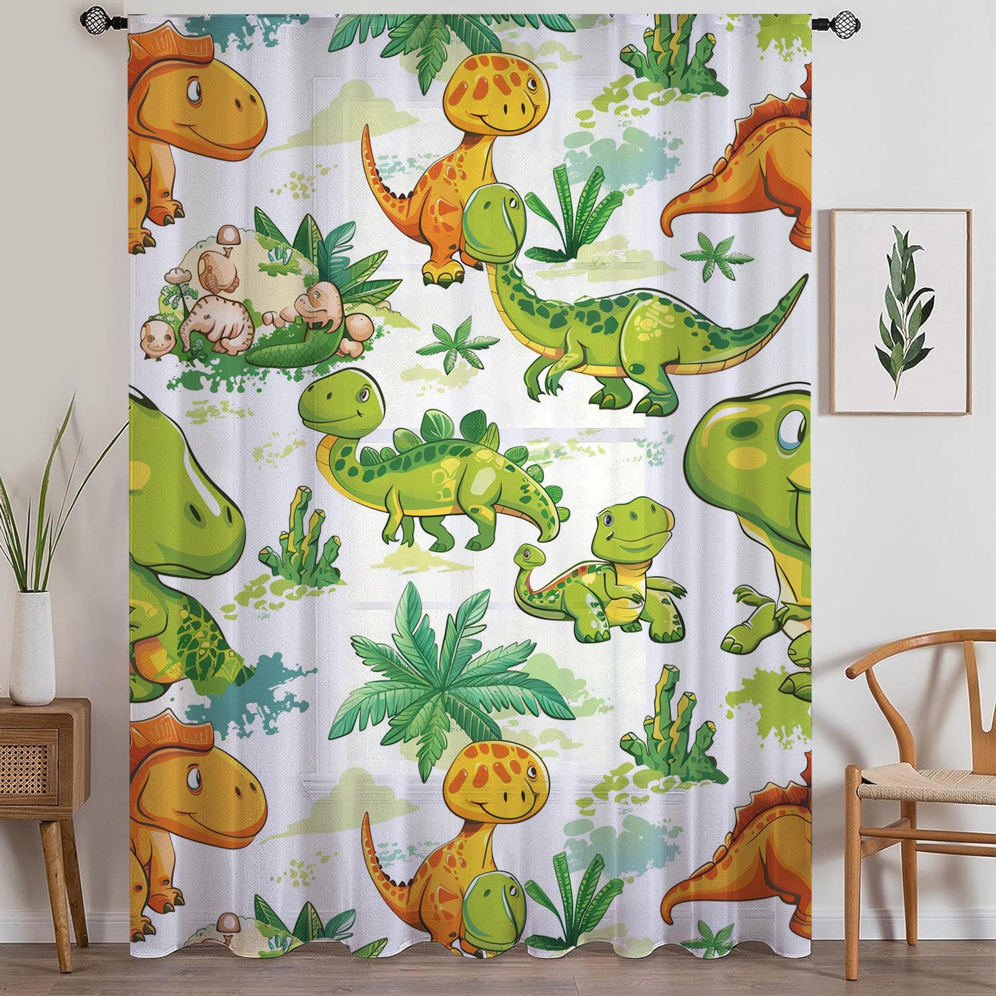 Dinosaur Sheer Curtain for Kids Room, Lightweight Green Orange Dino Jurassic Nursery Net Voile, Kids Room Window Drapes, Machine Washable