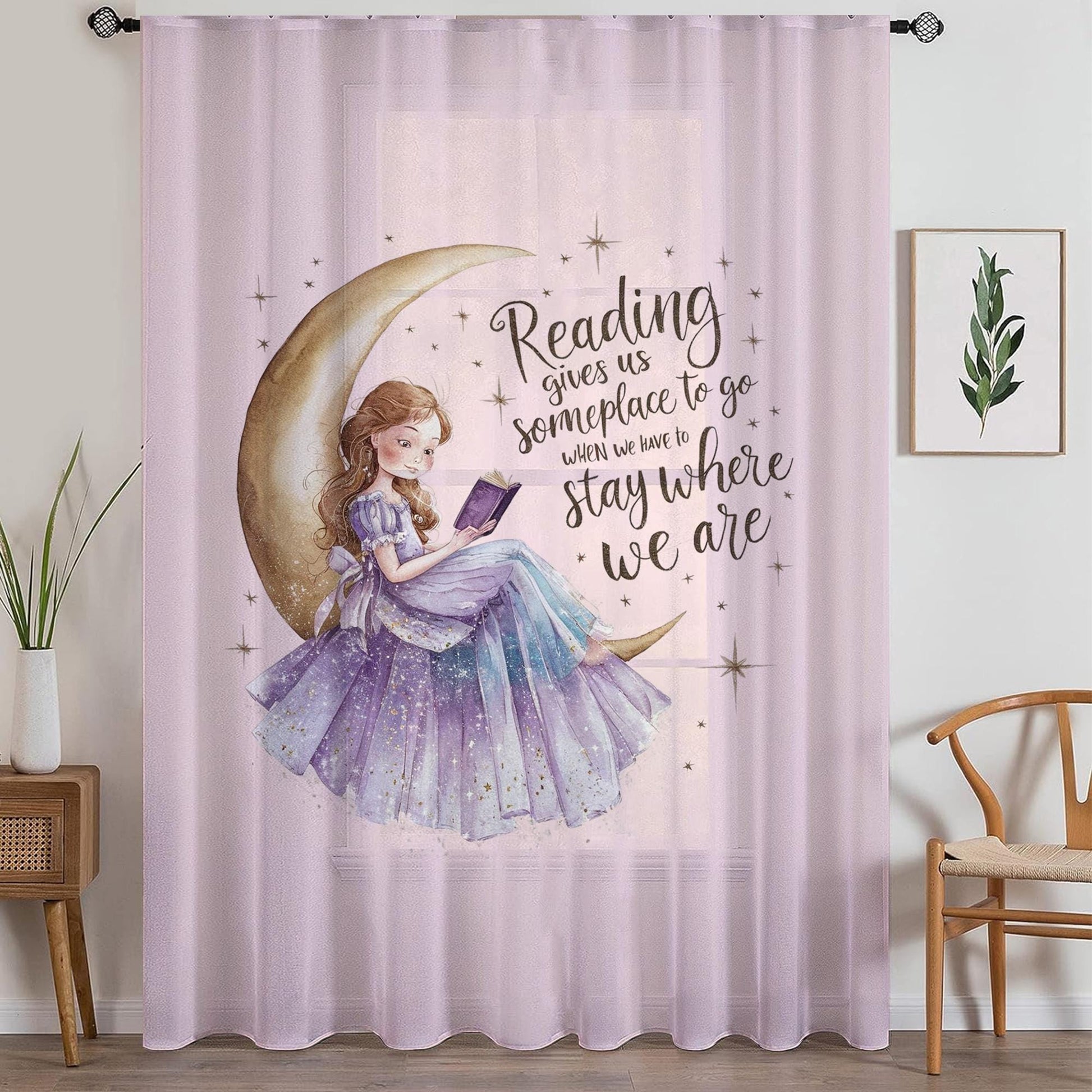 Reading Book Girls on Moon Sheer Curtain for Kids Room, Lightweight Purple Pink Nursery Net Voile, Kids Room Window Drapes, Machine Washable