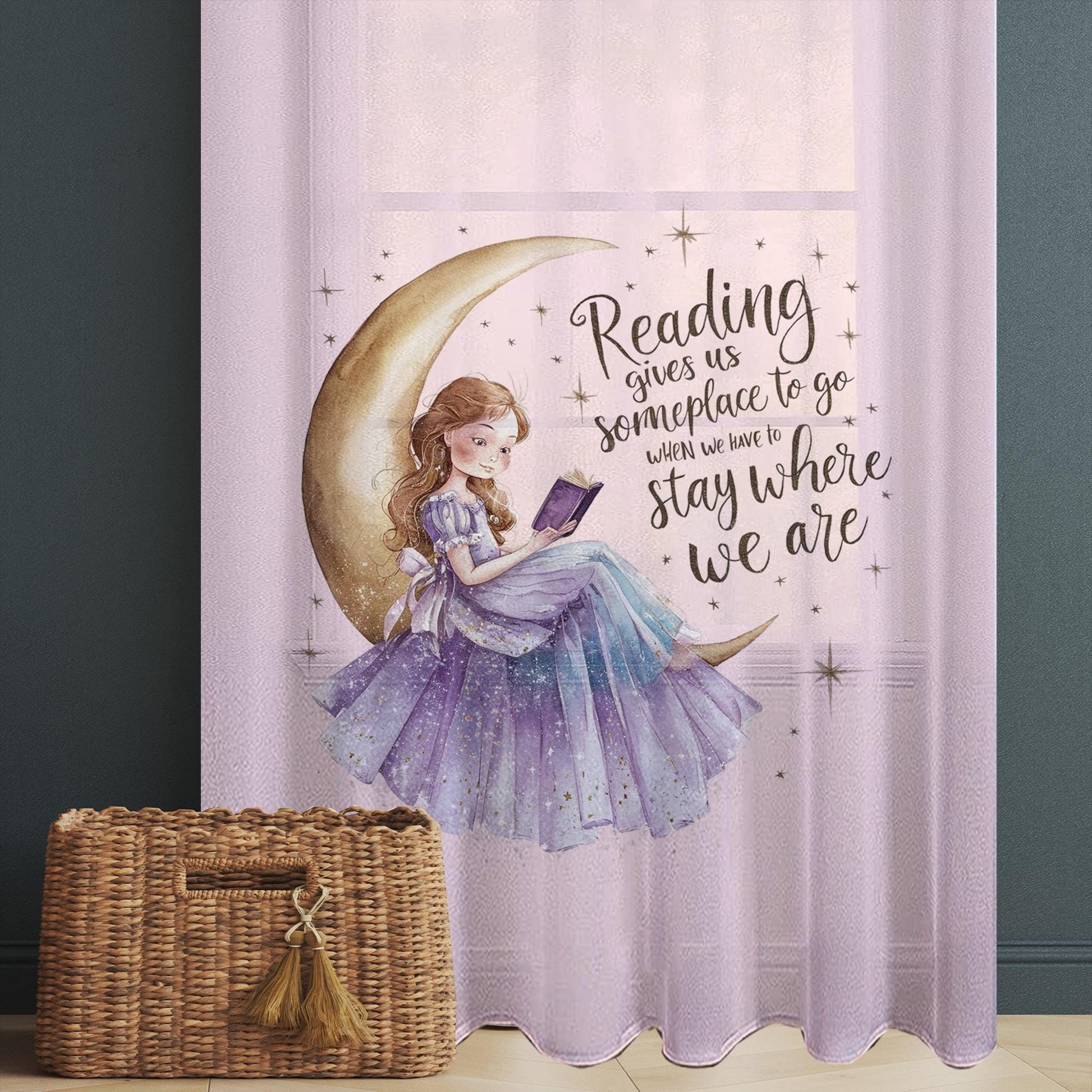 Reading Book Girls on Moon Sheer Curtain for Kids Room, Lightweight Purple Pink Nursery Net Voile, Kids Room Window Drapes, Machine Washable