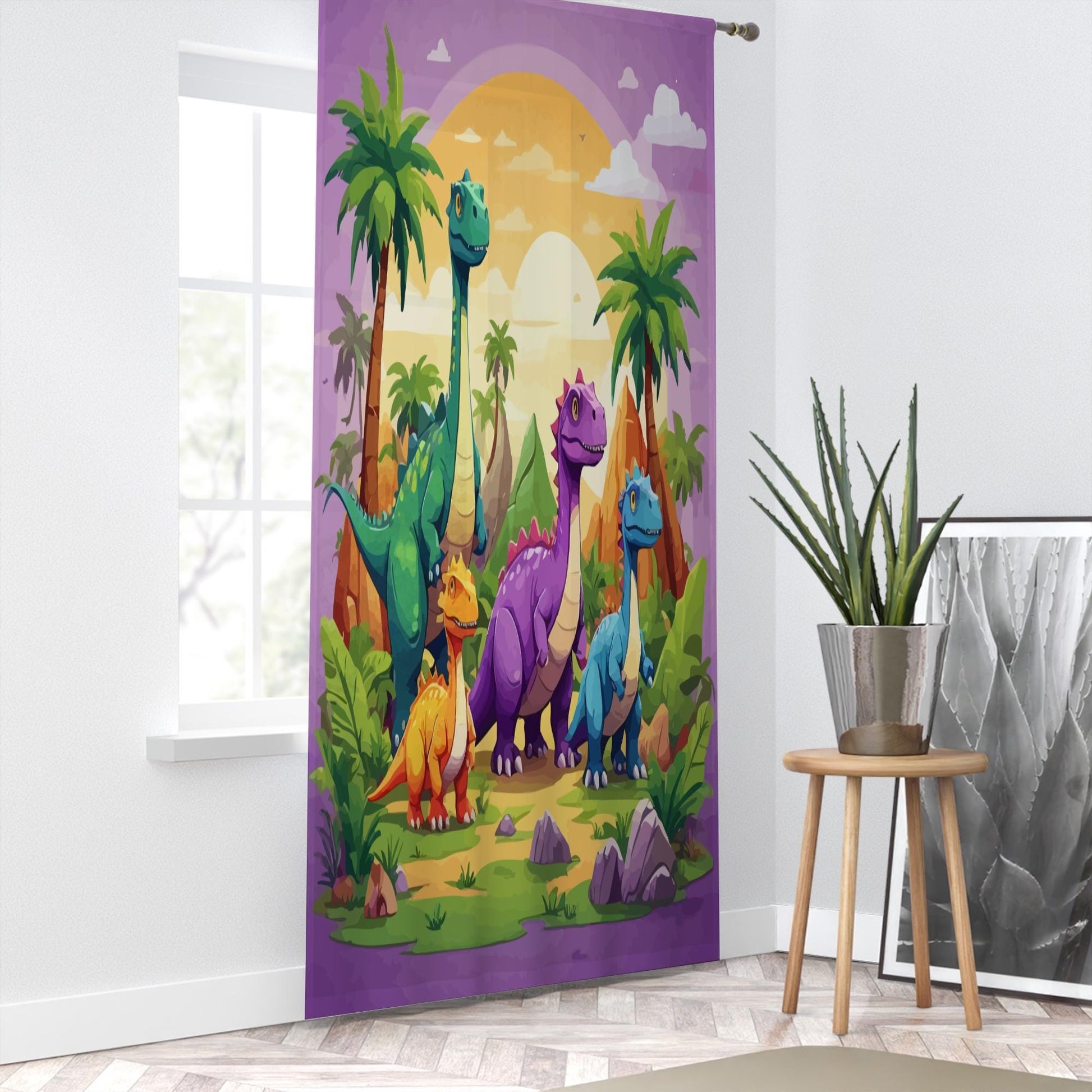 Colorful Dinosaur Forest Sheer Curtain for Kids Room, Lightweight Jurassic Theme Nursery Net Voile, Kids Room Window Drapes