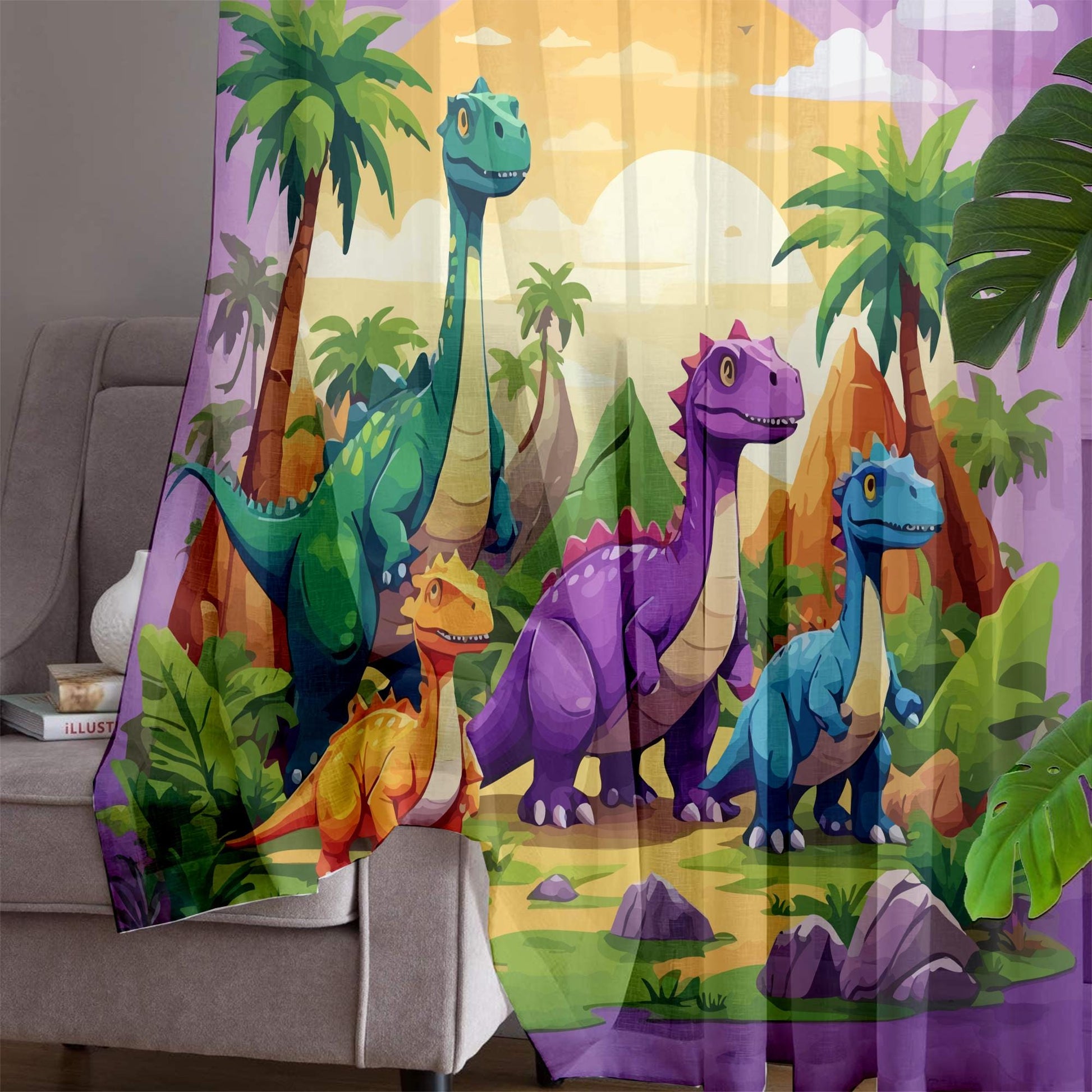 Colorful Dinosaur Forest Sheer Curtain for Kids Room, Lightweight Jurassic Theme Nursery Net Voile, Kids Room Window Drapes