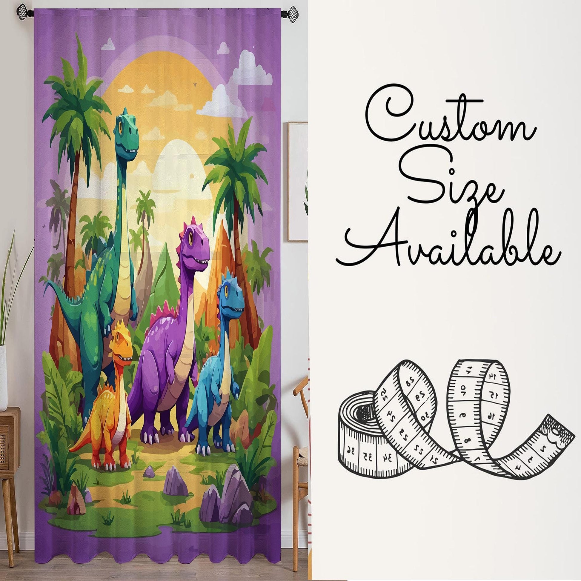 Colorful Dinosaur Forest Sheer Curtain for Kids Room, Lightweight Jurassic Theme Nursery Net Voile, Kids Room Window Drapes