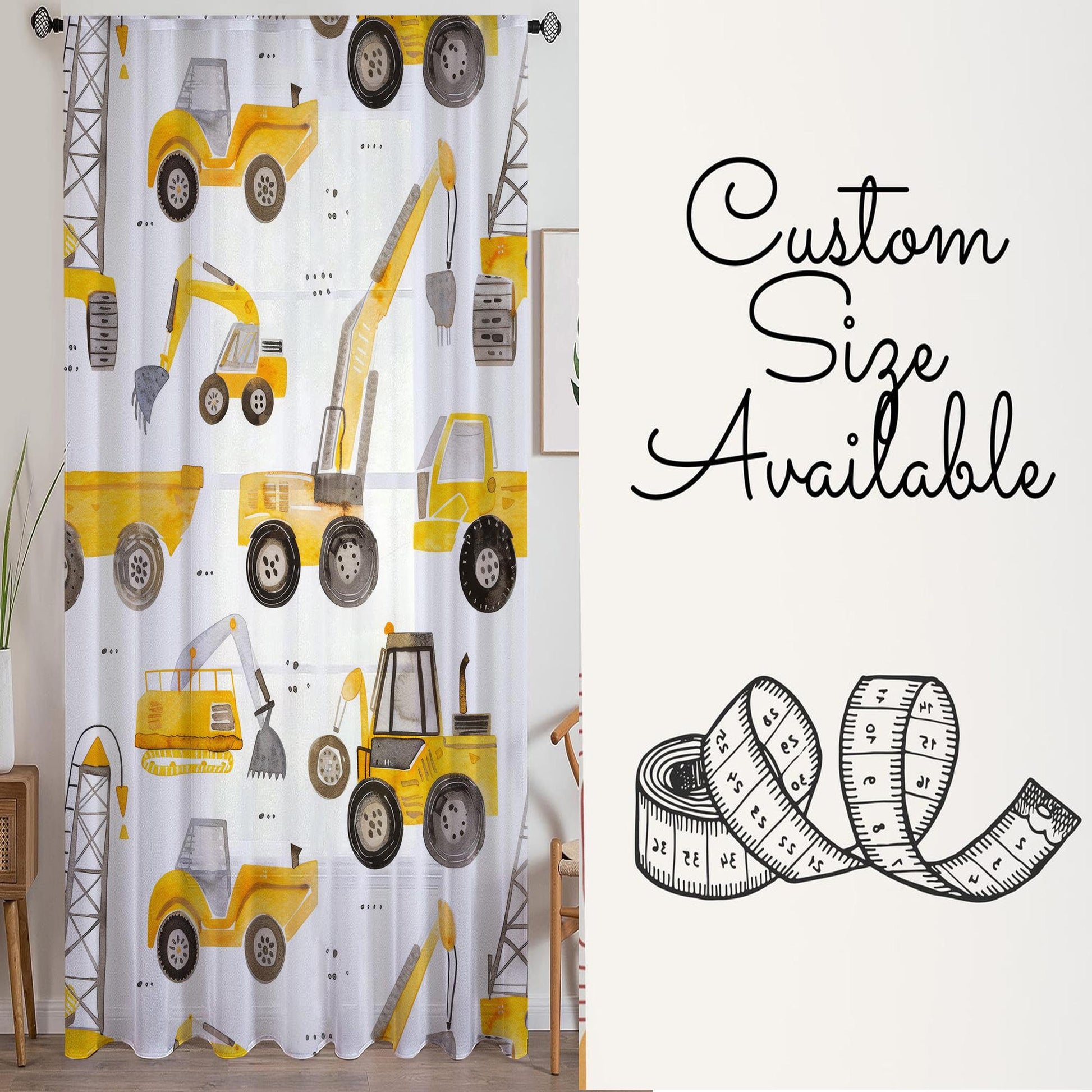 Yellow Construction Equipment Sheer Curtain for Kids Room, Lightweight Bulldozer Truck Nursery Net Voile, Kids Room Window Drapes