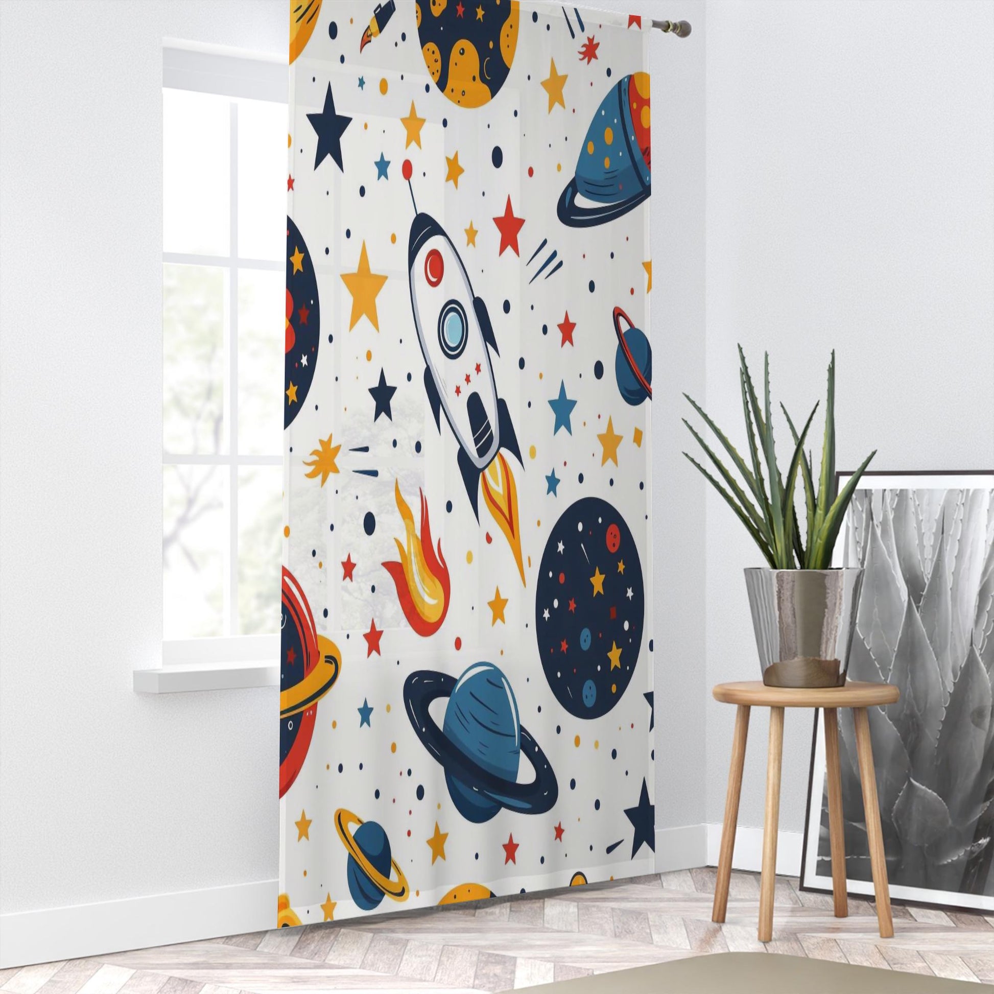 Space Galaxy Planet Stars Sheer Curtain for Kids Room, Lightweight Spaceship Rocket Nursery Net Voile, Kids Room Window Drapes