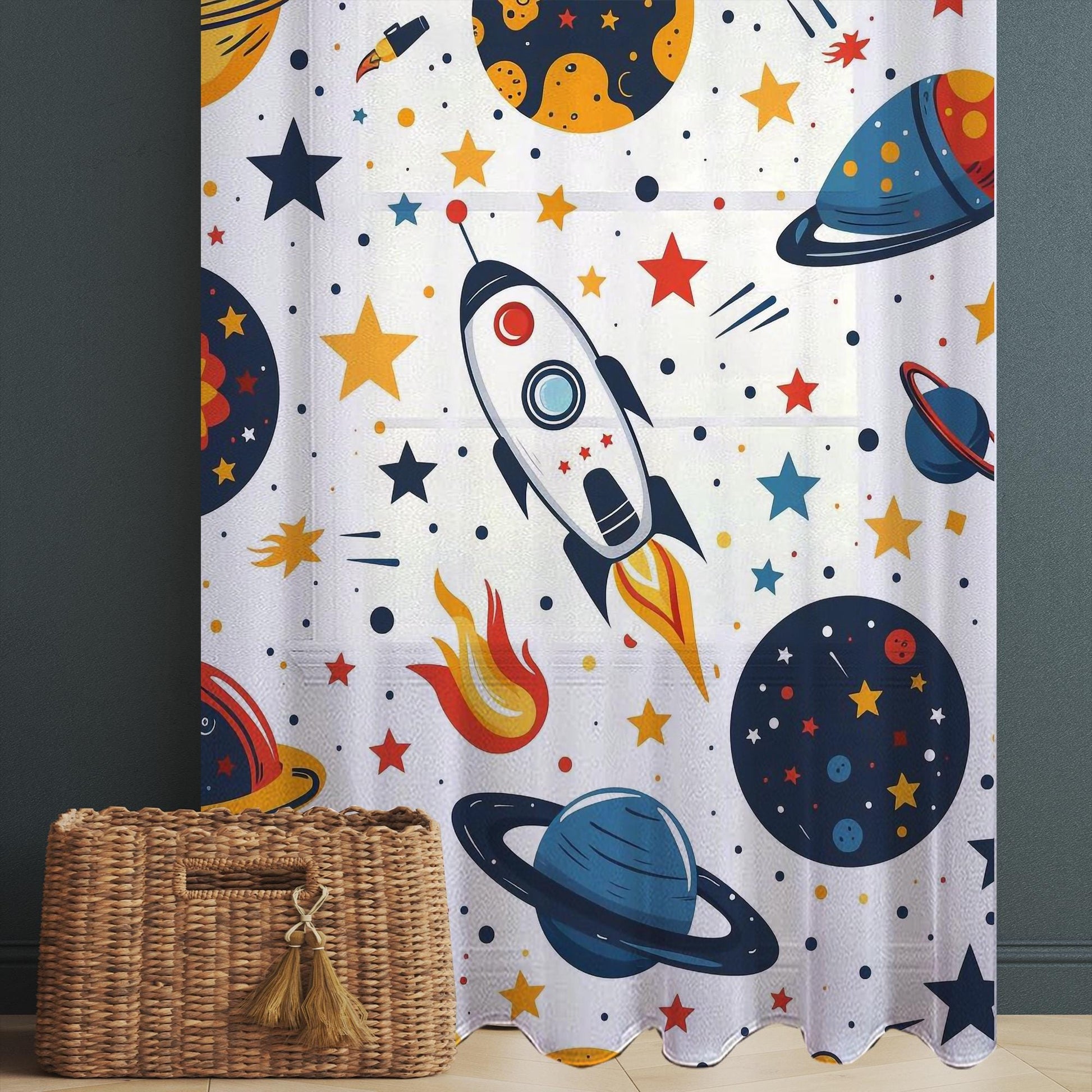Space Galaxy Planet Stars Sheer Curtain for Kids Room, Lightweight Spaceship Rocket Nursery Net Voile, Kids Room Window Drapes