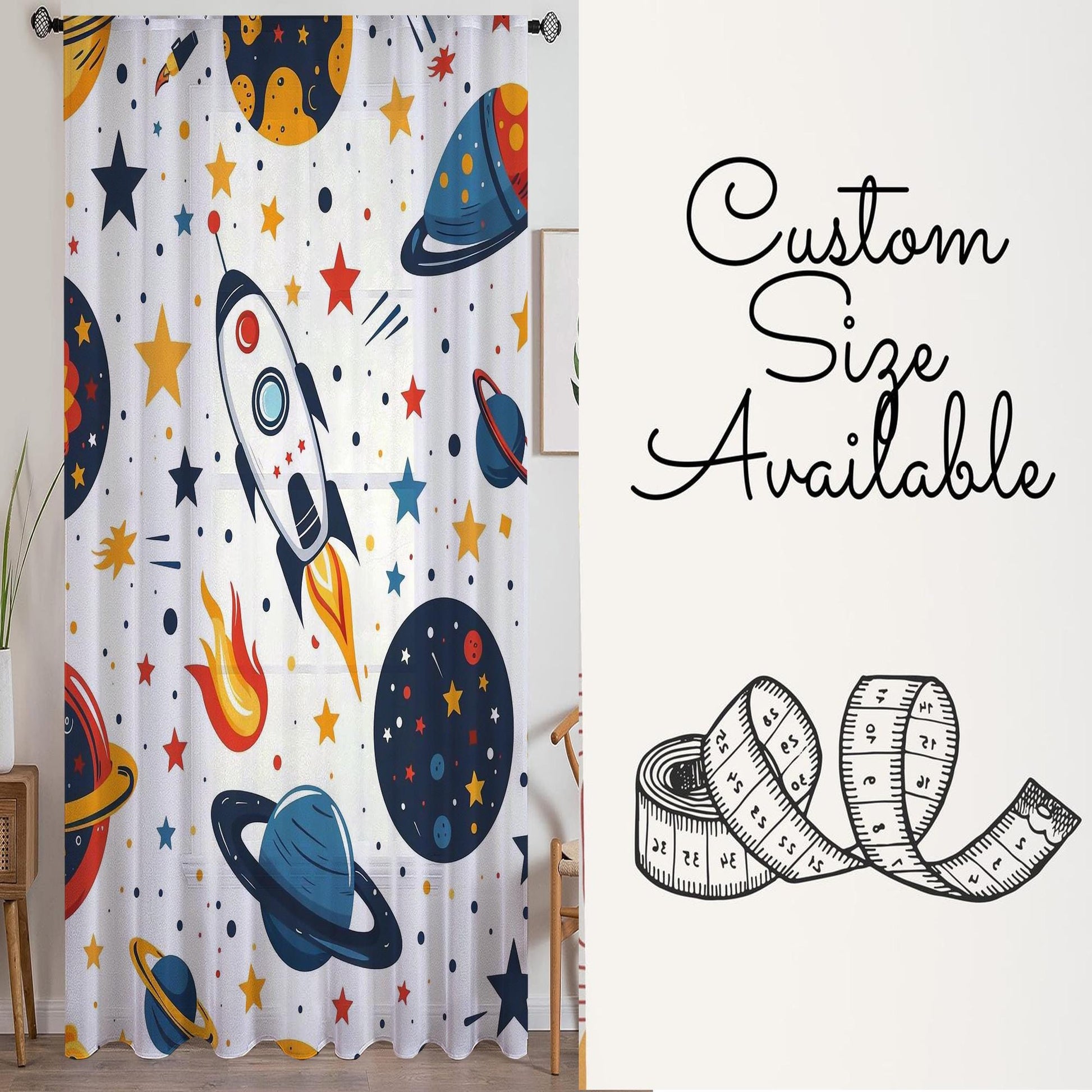 Space Galaxy Planet Stars Sheer Curtain for Kids Room, Lightweight Spaceship Rocket Nursery Net Voile, Kids Room Window Drapes