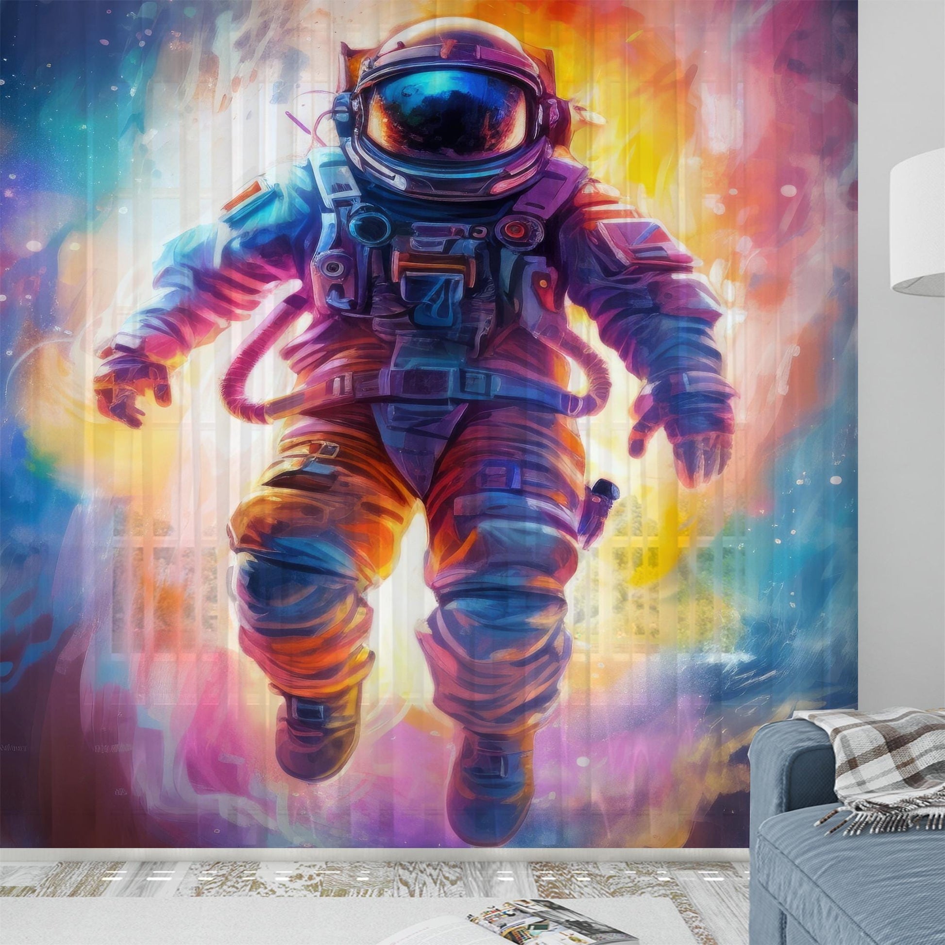 Astronaut Sheer Curtain for Kids Room, Lightweight Colorful Space Nursery Net Voile, Kids Room Window Drapes