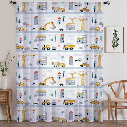 Construction Equipment Sheer Curtain for Kids Room, Lightweight Crane Truck Tractor Bulldozer Nursery Net Voile, Baby Room Window Drapes