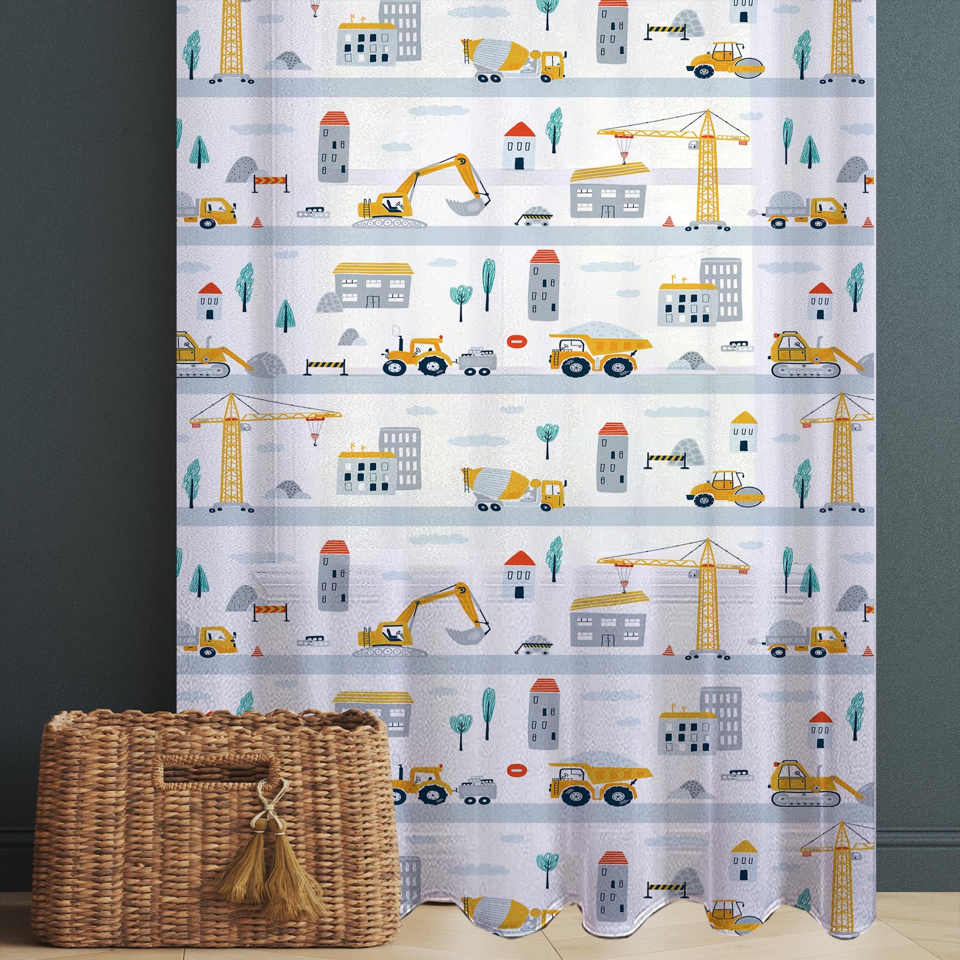 Construction Equipment Sheer Curtain for Kids Room, Lightweight Crane Truck Tractor Bulldozer Nursery Net Voile, Baby Room Window Drapes