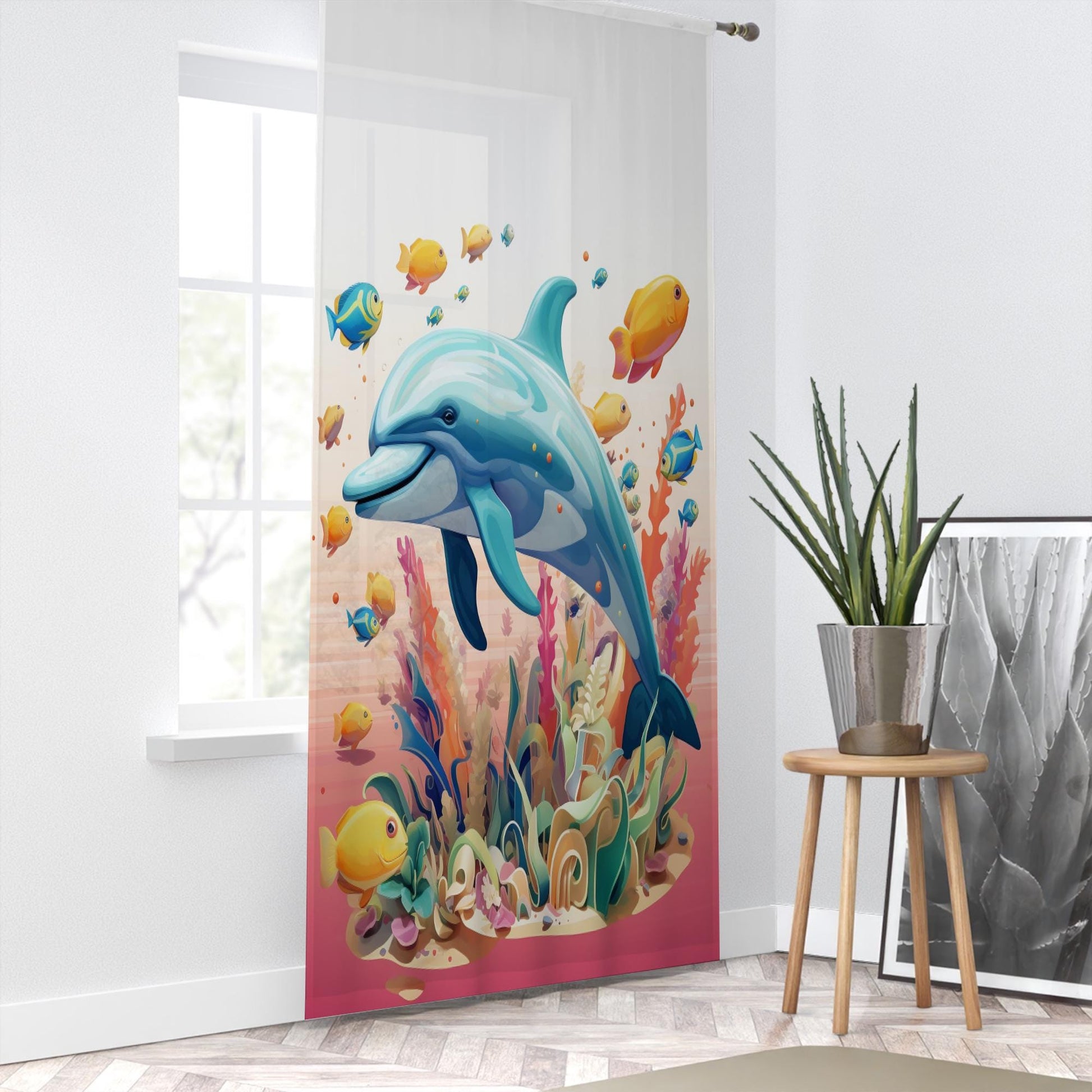 Tropical Fishes Dolphin Sheer Curtain for Kids Room, Lightweight Under Sea Nursery Net Voile, Baby Room Window Drapes