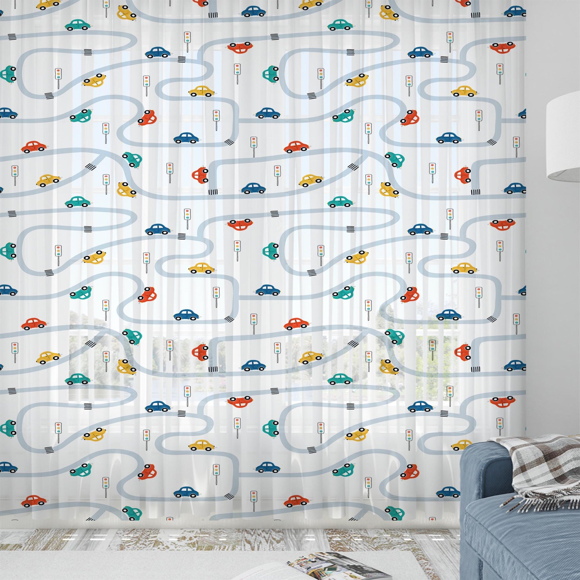 Colorful Cars on Road Sheer Curtain for Kids Room, Lightweight Cute Road Map Nursery Net Voile, Baby Room Window Drapes,