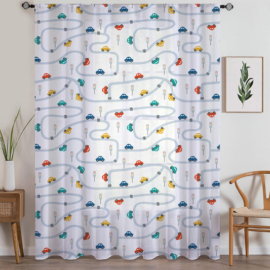 Colorful Cars on Road Sheer Curtain for Kids Room, Lightweight Cute Road Map Nursery Net Voile, Baby Room Window Drapes,