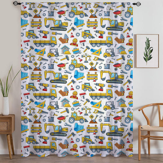 Construction Machines Sheer Curtain for Kids Room, Lightweight Work Vehicles Truck Bulldozer Nursery Net Voile, Baby Room Window Drapes,