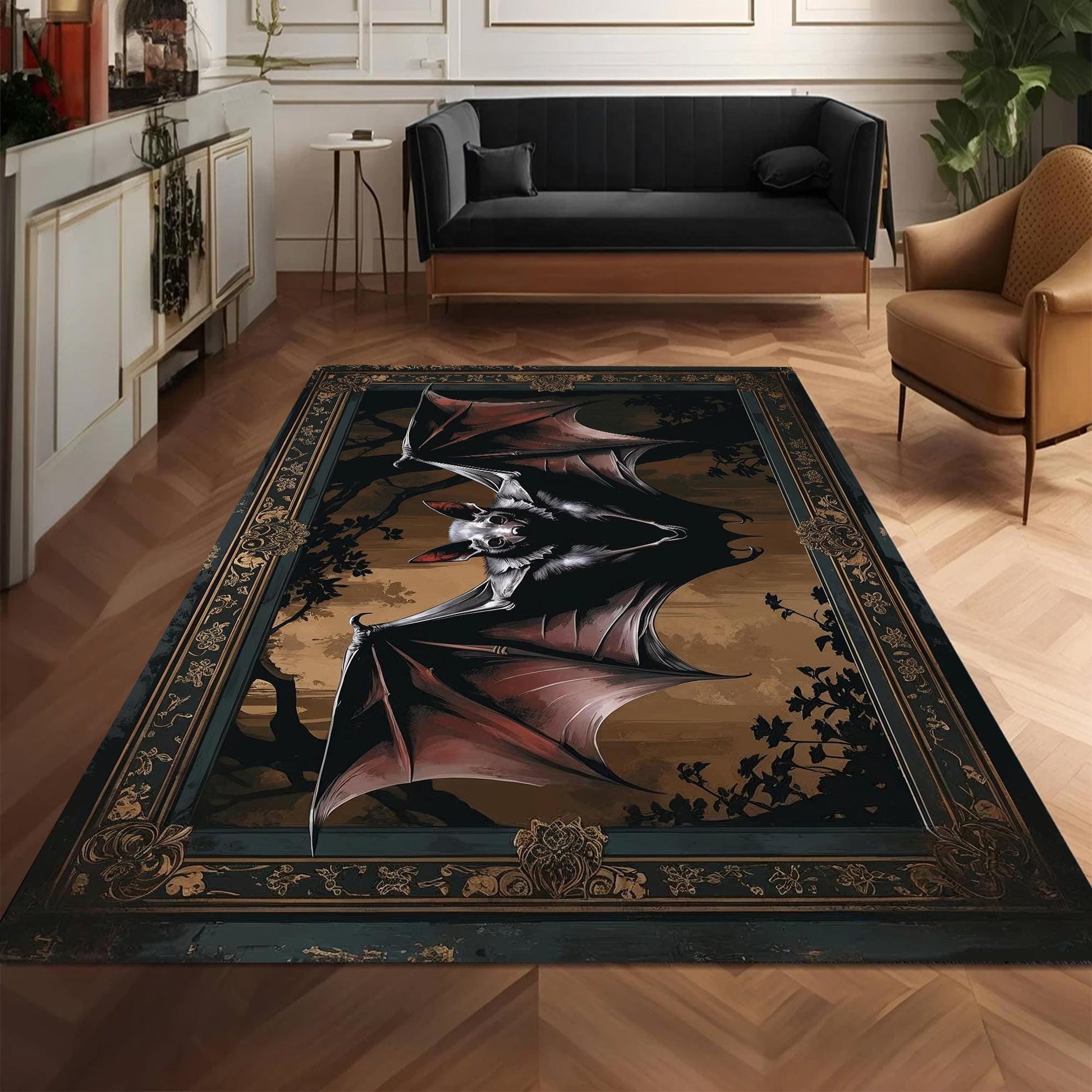 Bat Rug Dark Academia Mystic Gothic Area Rug | Enchanted Forest Bat Lover Whimsigoth Rug Dark Cottagecore Decor, Funky Moody Rug, Omka Rugs