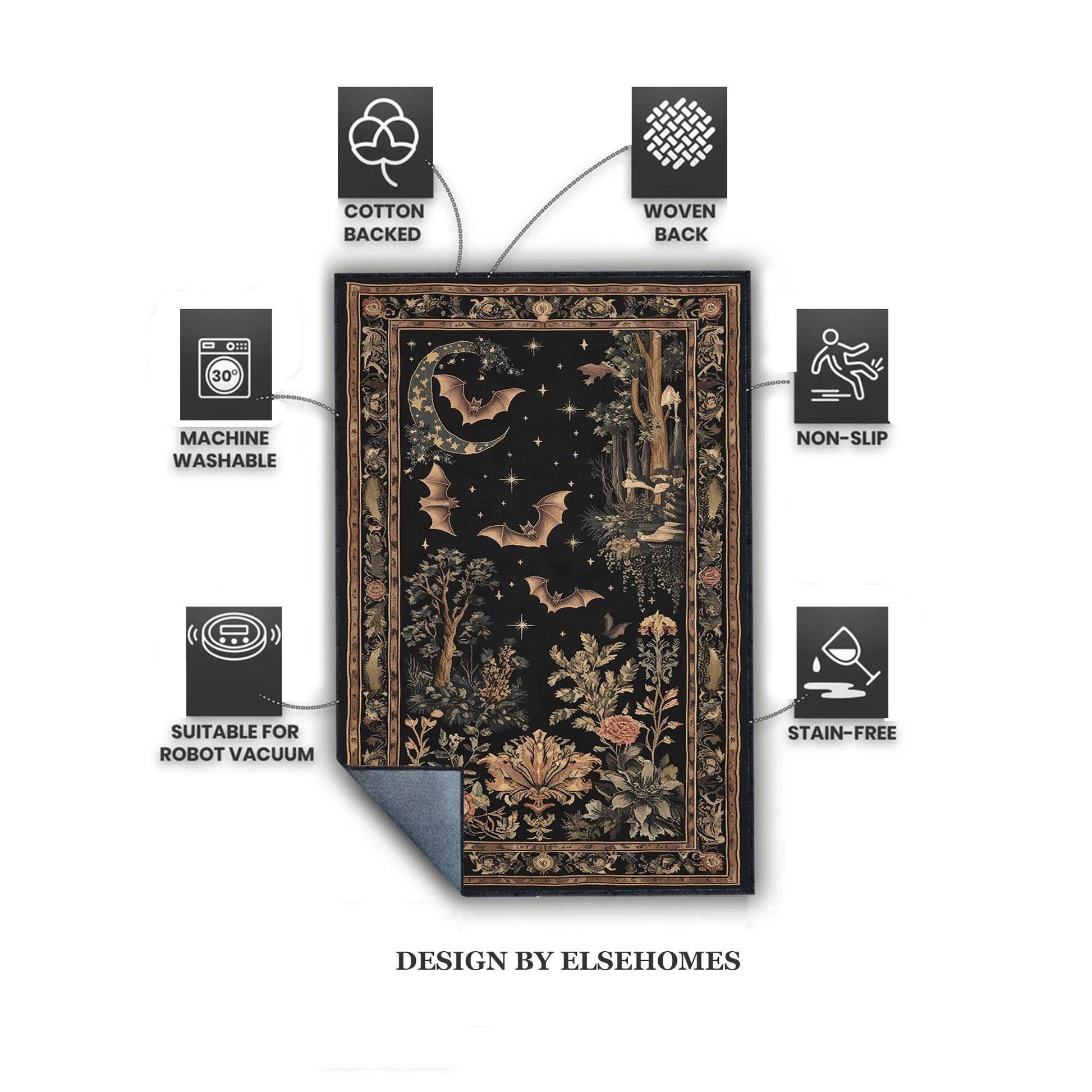 Dark Academia Mystic Bat Rug Woodland Gothic Area Rug | Enchanted Forest Bat Lover Nature Rug Dark Cottagecore Decor, Funky Moody Rug