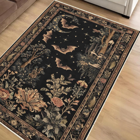 Dark Academia Mystic Bat Rug Woodland Gothic Area Rug | Enchanted Forest Bat Lover Nature Rug Dark Cottagecore Decor, Funky Moody Rug