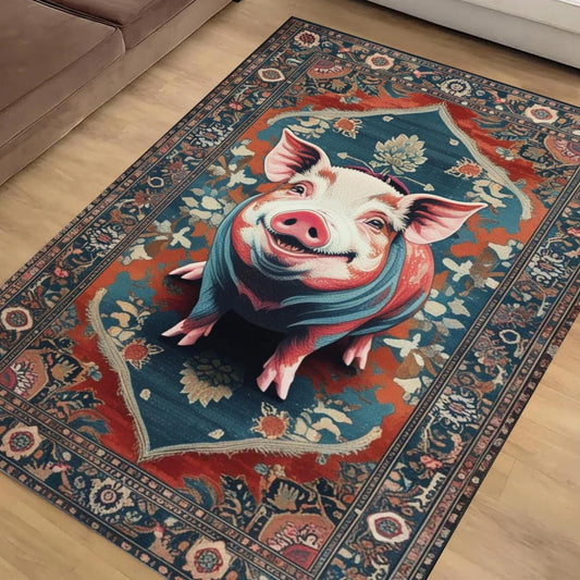 Vintage Farmhouse Decor Pig Rug, Cute Animal Rug For Maximalist Home Decor, Colorful Flower Rug With Farm Animals, Aesthetic Washable Rug