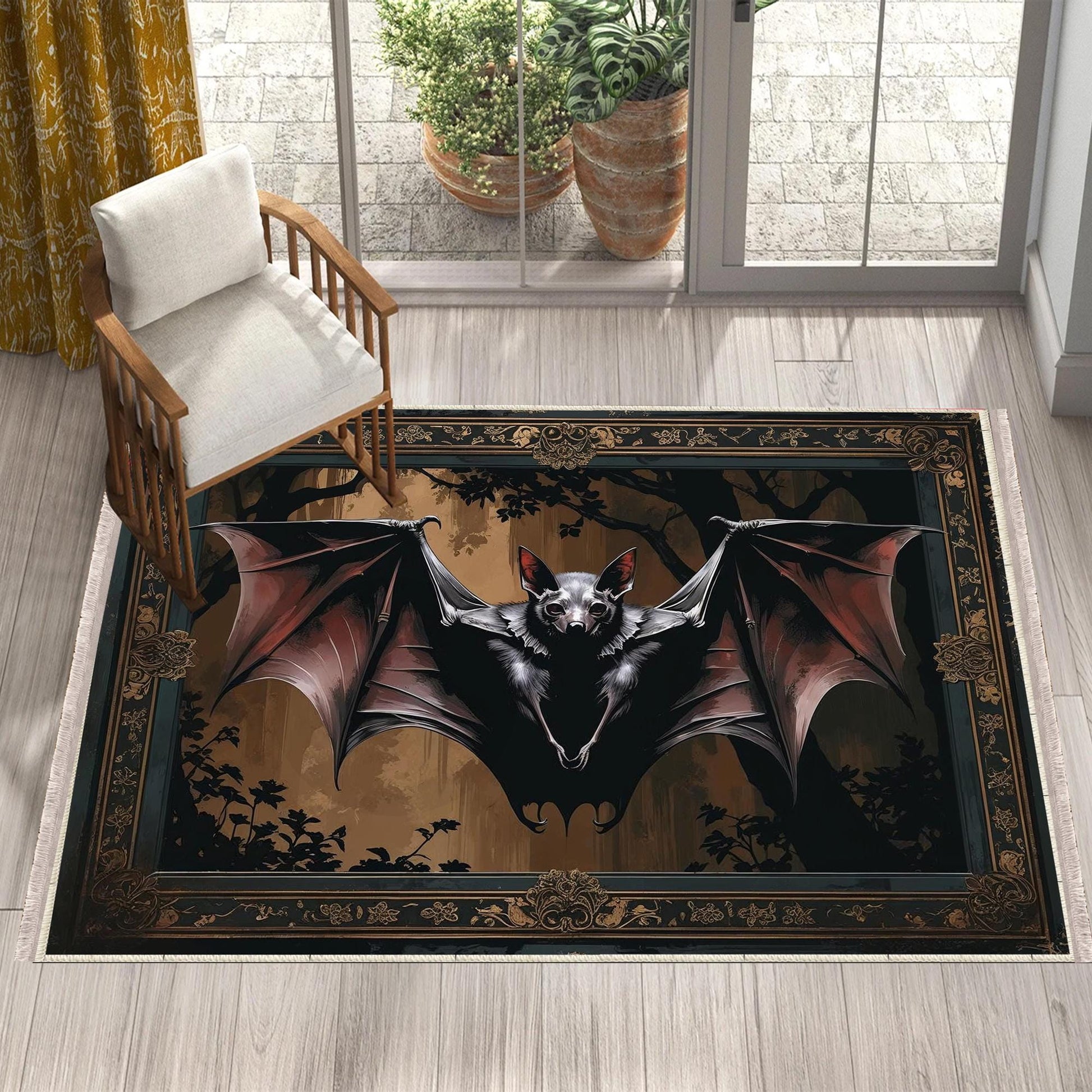 Bat Rug Dark Academia Mystic Gothic Area Rug | Enchanted Forest Bat Lover Whimsigoth Rug Dark Cottagecore Decor, Funky Moody Rug, Omka Rugs
