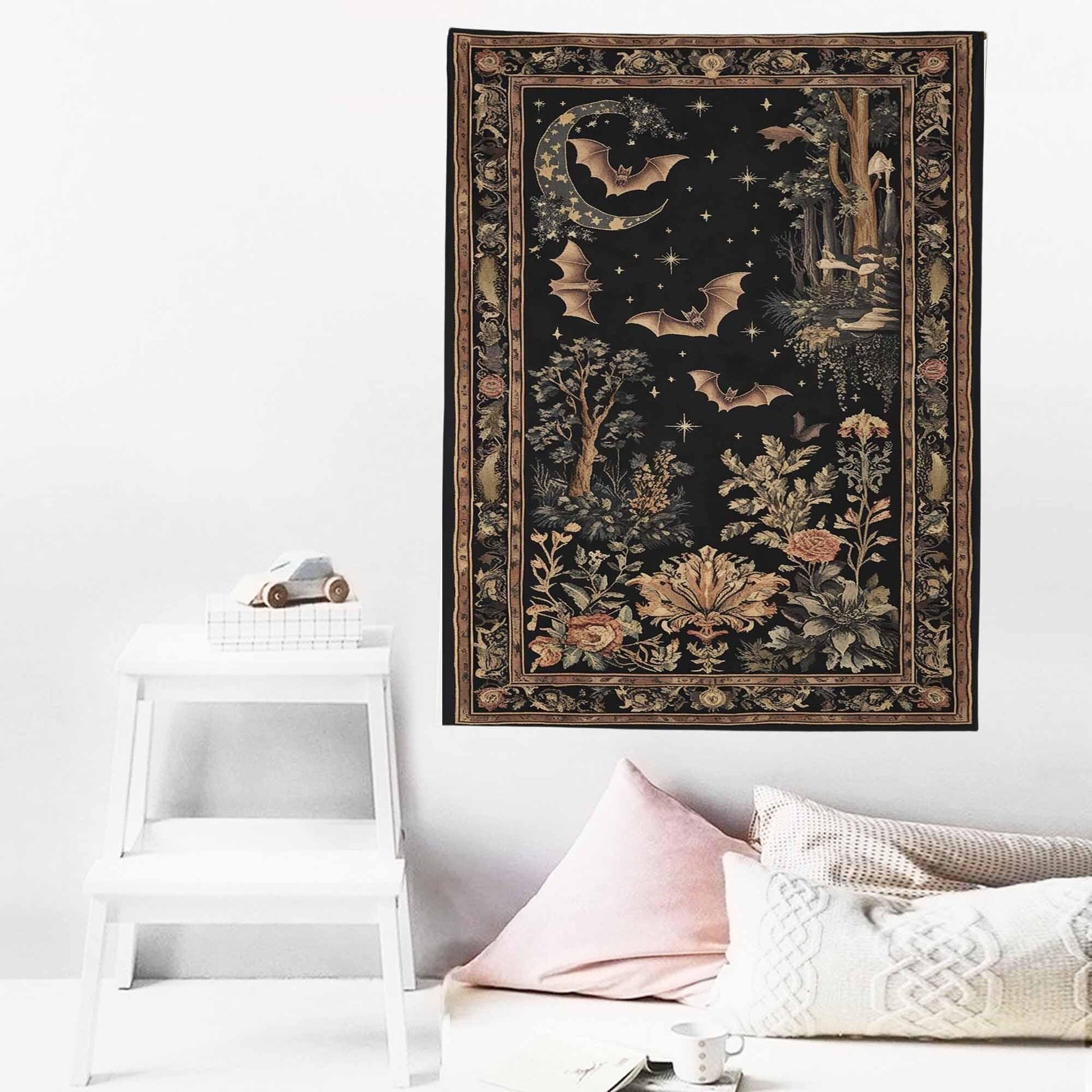 Dark Academia Mystic Bat Wall Tapestry, Witcy Decor Gothic Wall Art Hanging, Bat Lover Wall Tapestries, Whimsigoth Dark Celestial Home Decor