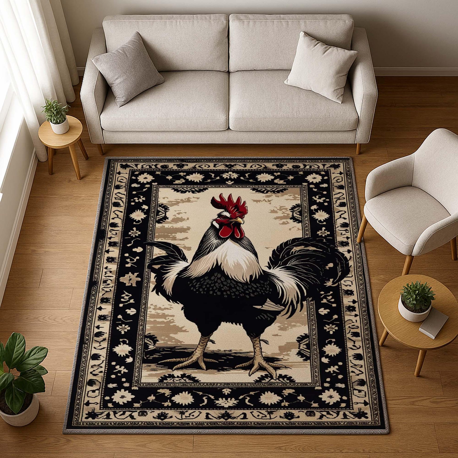 Vintage rooster kitchen rug with oriental black floral border, washable chenille surface, rustic farmhouse style, perfect for kitchen or entryway.