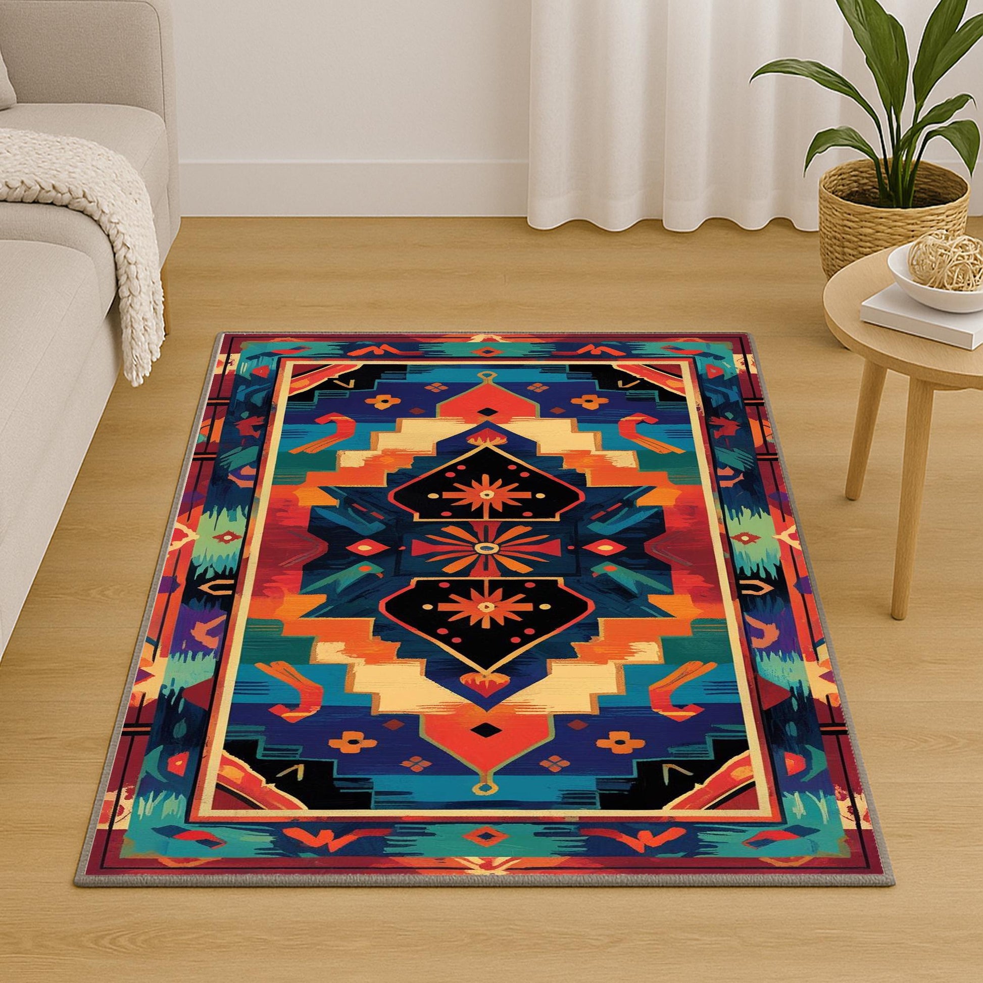 Colorful Southwestern tribal chenille rug featuring bold turquoise, orange, red, and black geometric patterns, washable with non-slip recycled cotton backing.