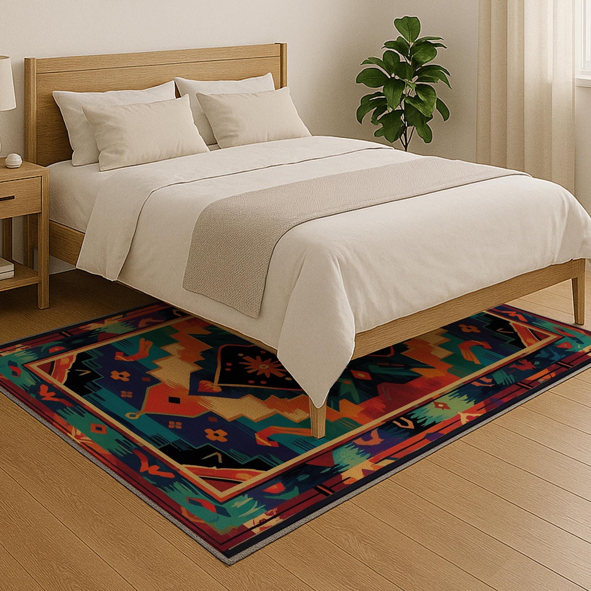 Colorful Southwestern tribal chenille rug featuring bold turquoise, orange, red, and black geometric patterns, washable with non-slip recycled cotton backing.