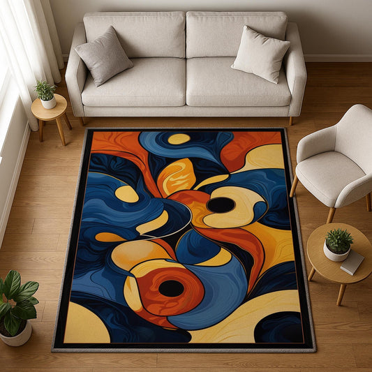 Modern abstract chenille rug with fluid shapes in navy, orange, golden yellow, and beige, washable with non-slip recycled cotton backing.