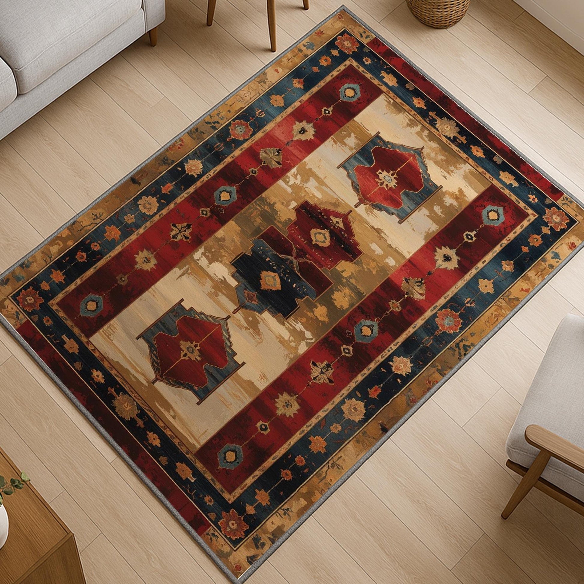 Vintage Turkish kilim-style chenille rug with red and blue medallion motifs, oriental floral border, washable non-slip backing for boho and rustic decor.