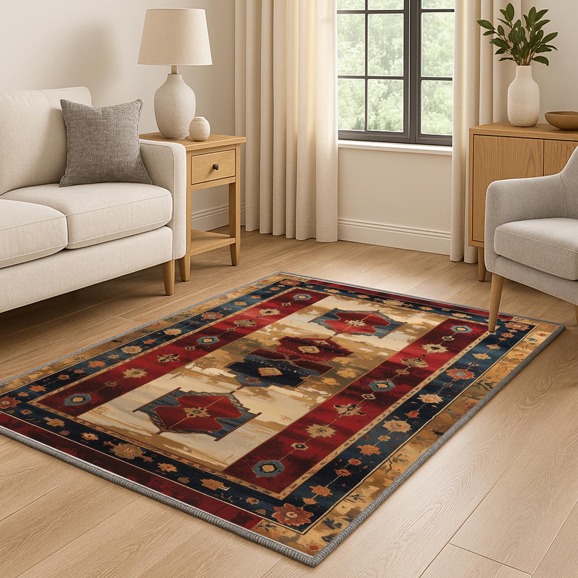 Vintage Turkish kilim-style chenille rug with red and blue medallion motifs, oriental floral border, washable non-slip backing for boho and rustic decor.