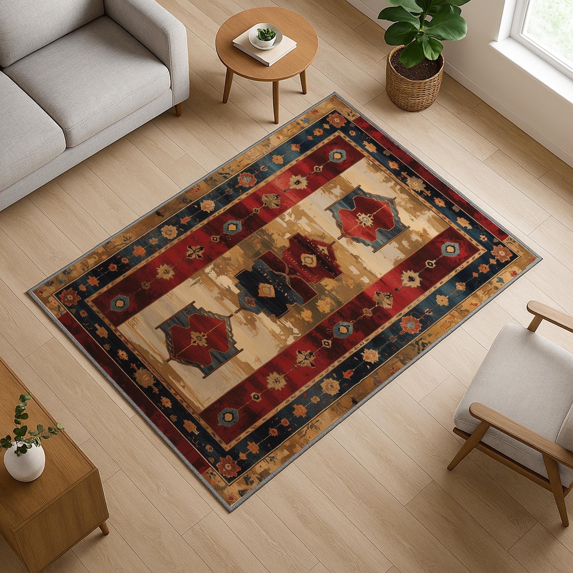 Vintage Turkish kilim-style chenille rug with red and blue medallion motifs, oriental floral border, washable non-slip backing for boho and rustic decor.