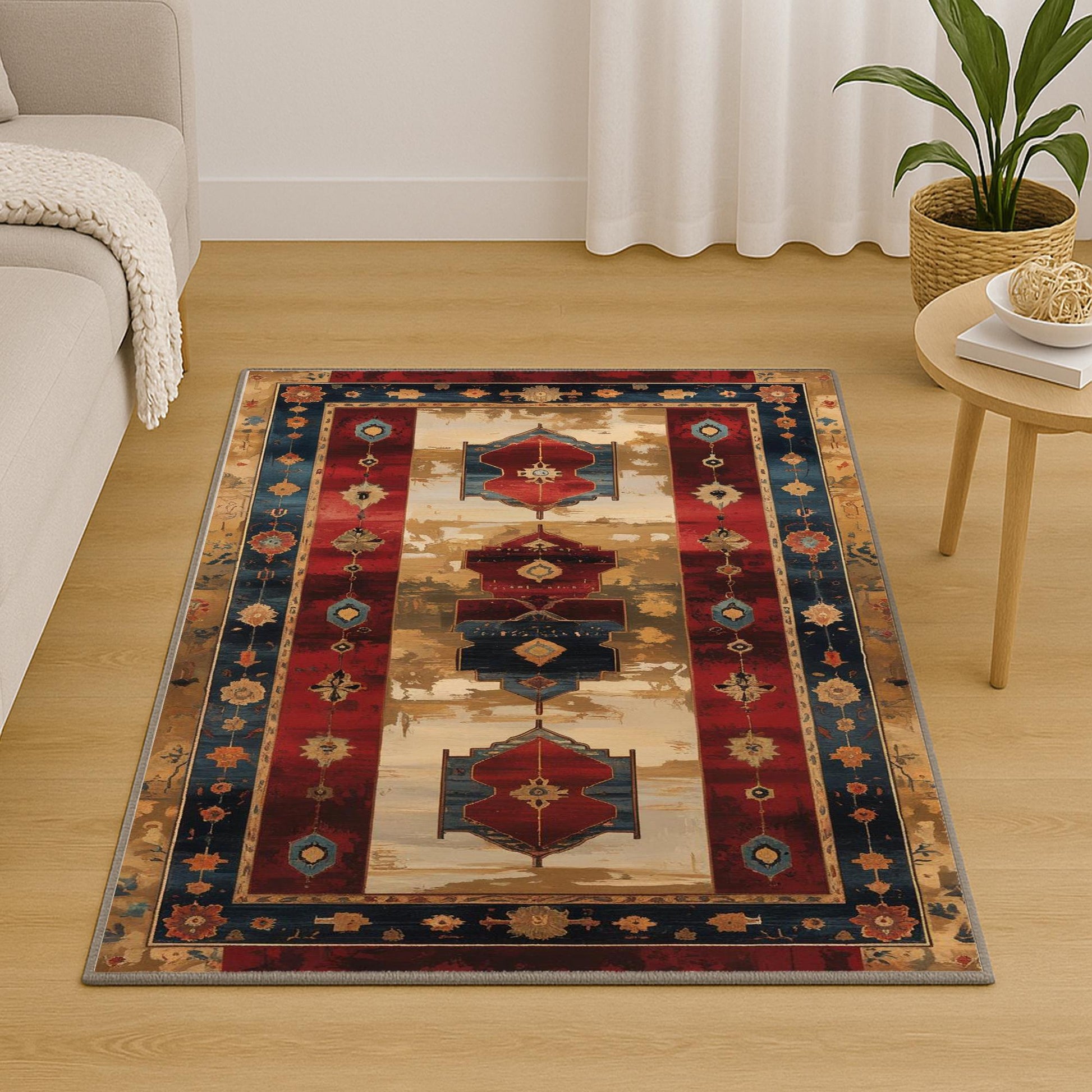 Vintage Turkish kilim-style chenille rug with red and blue medallion motifs, oriental floral border, washable non-slip backing for boho and rustic decor.