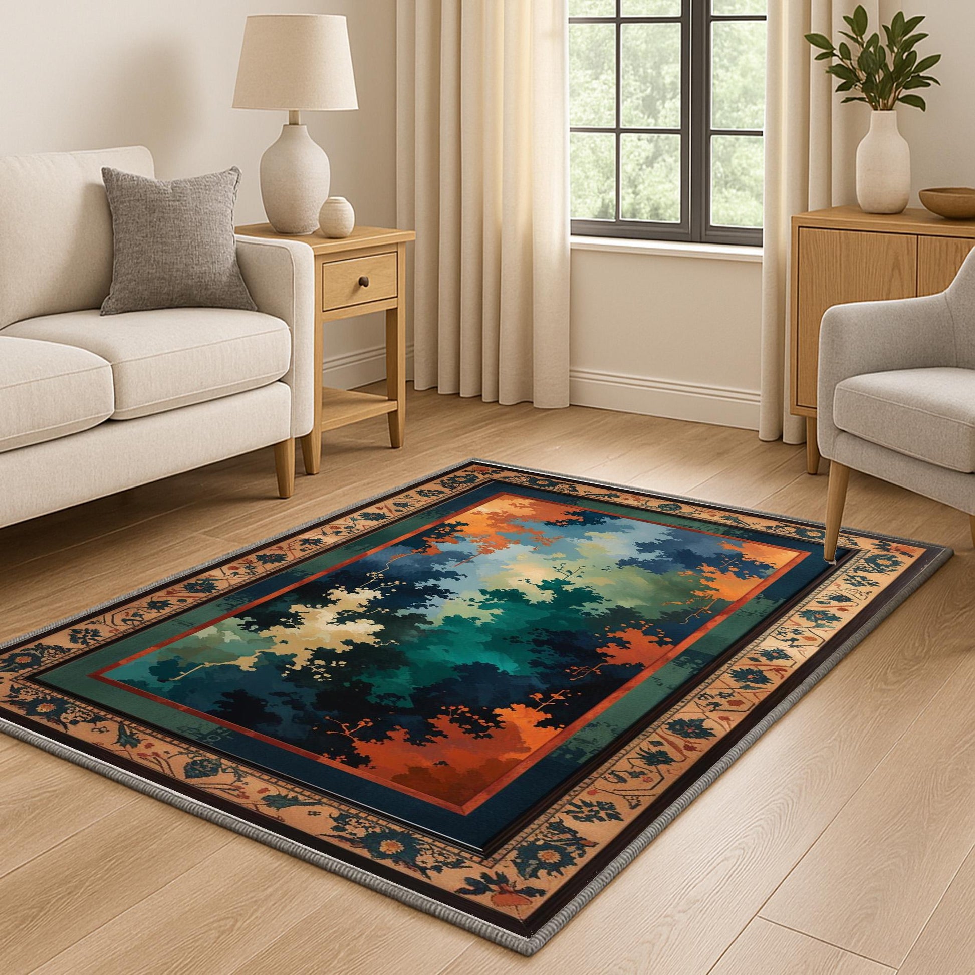 Abstract chenille rug with green, blue, and orange tones, vintage oriental border, washable non-slip backing, perfect for modern and artistic home decor.