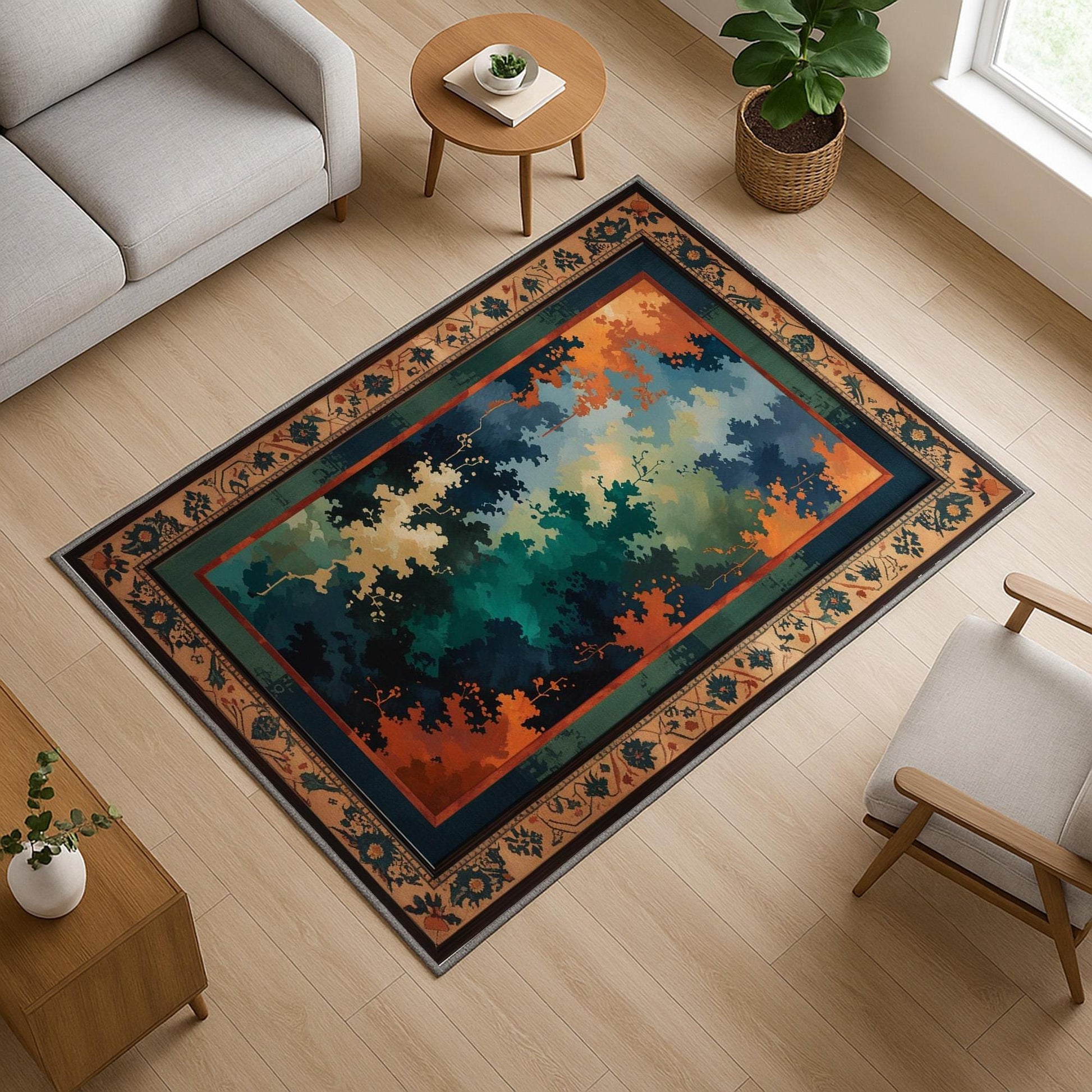 Abstract chenille rug with green, blue, and orange tones, vintage oriental border, washable non-slip backing, perfect for modern and artistic home decor.