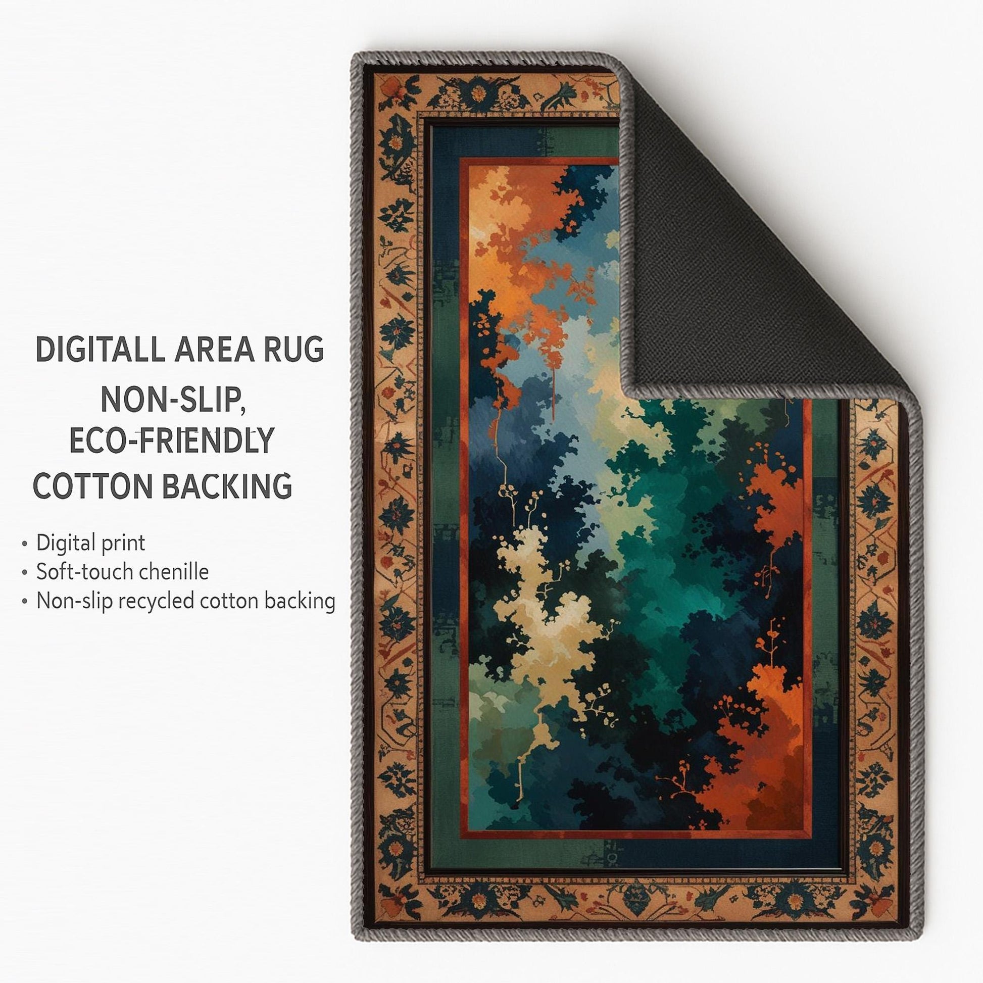 Abstract chenille rug with green, blue, and orange tones, vintage oriental border, washable non-slip backing, perfect for modern and artistic home decor.
