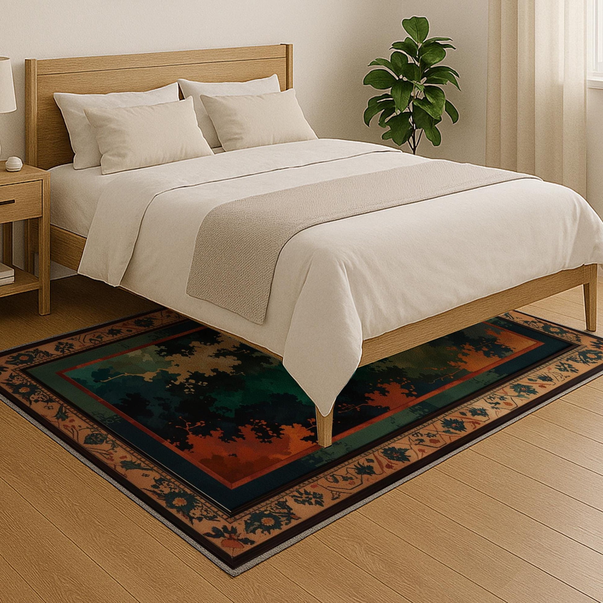 Abstract chenille rug with green, blue, and orange tones, vintage oriental border, washable non-slip backing, perfect for modern and artistic home decor.