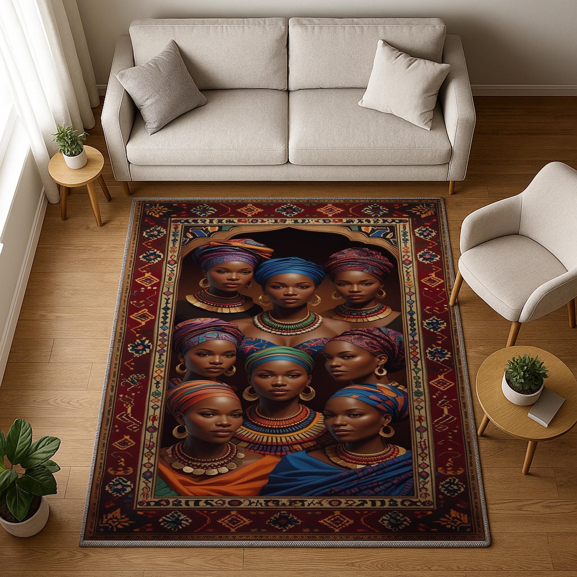 Artistic African-inspired portrait illustration with vibrant headwraps and jewelry, framed by an oriental-style rug border, washable non-slip chenille surface.