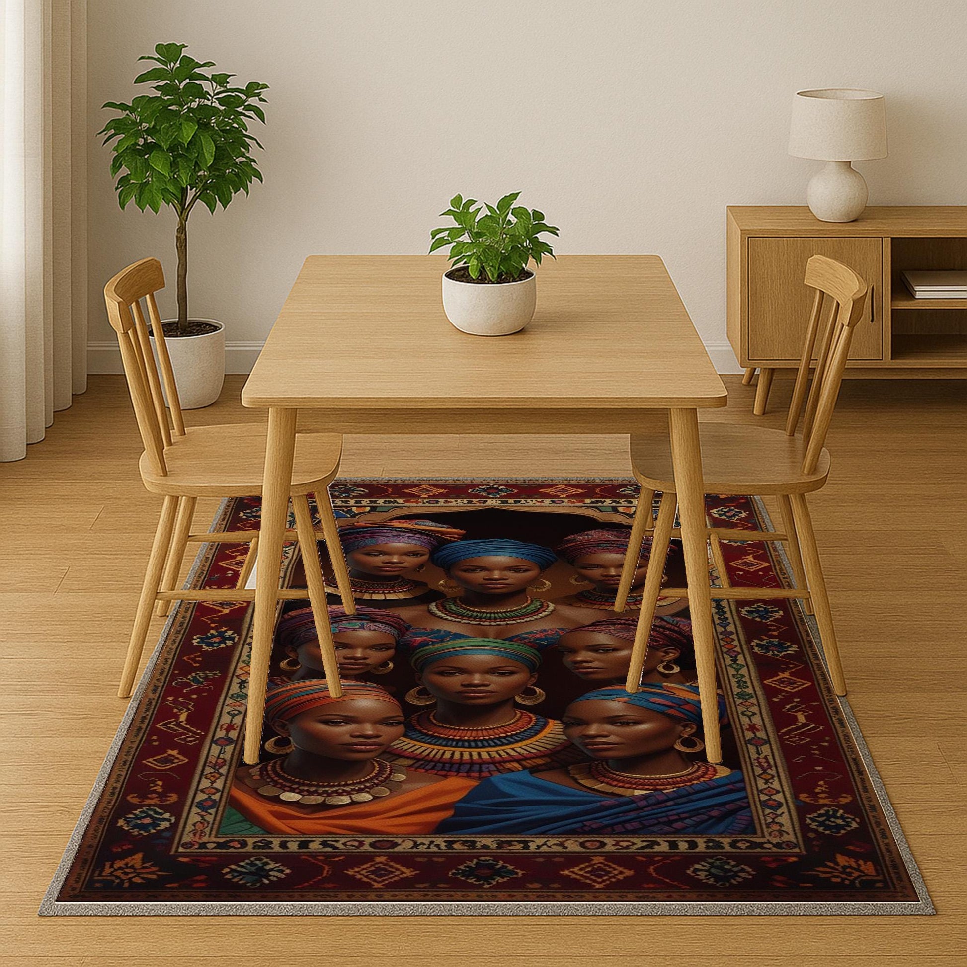 Artistic African-inspired portrait illustration with vibrant headwraps and jewelry, framed by an oriental-style rug border, washable non-slip chenille surface.