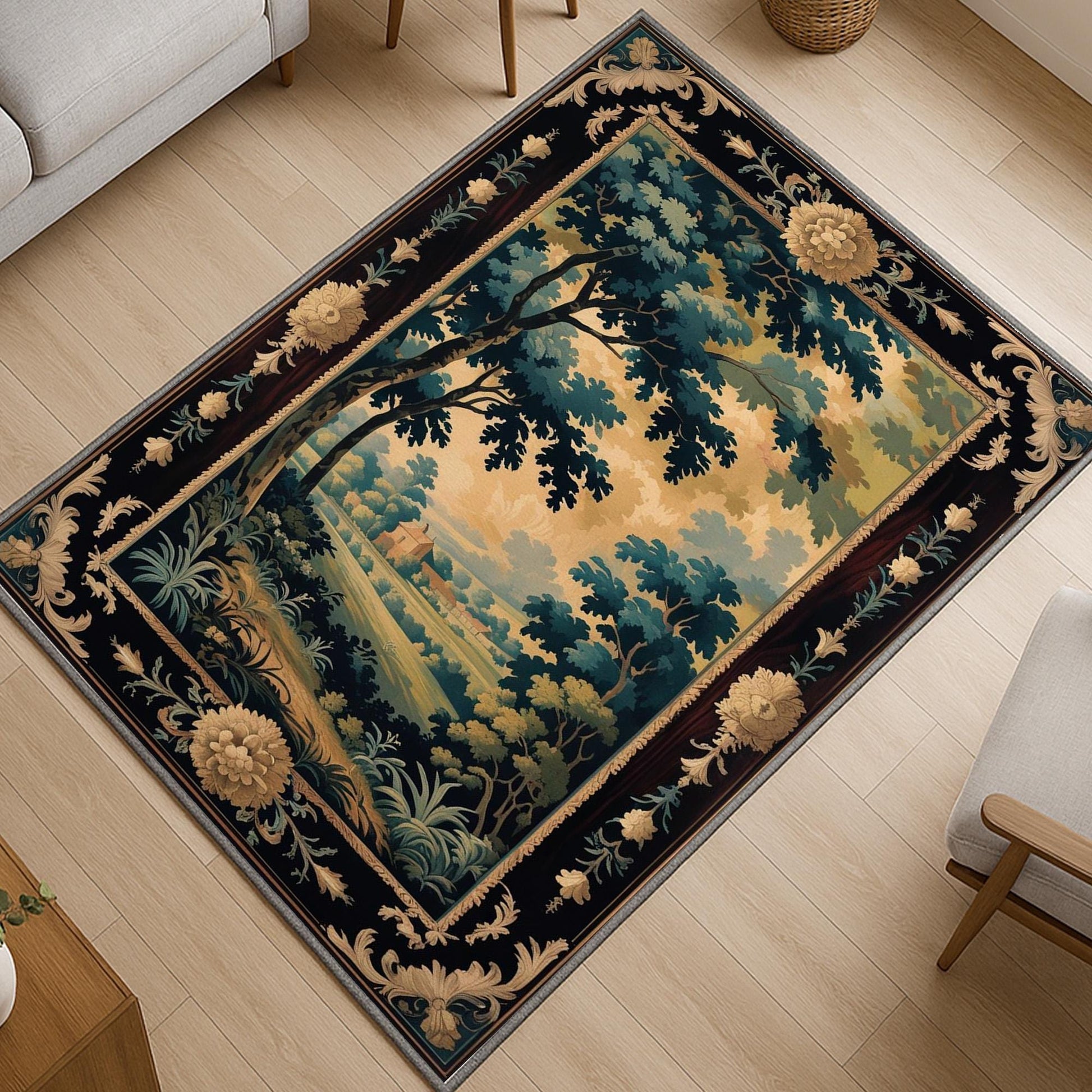french tapestry rug, victorian border, vintage landscape rug, chenille rug, washable carpet, antique style rug, pastoral scene, non slip rug, shabby chic decor, european design rug, classic home decor, wall tapestry rug, countryside view rug