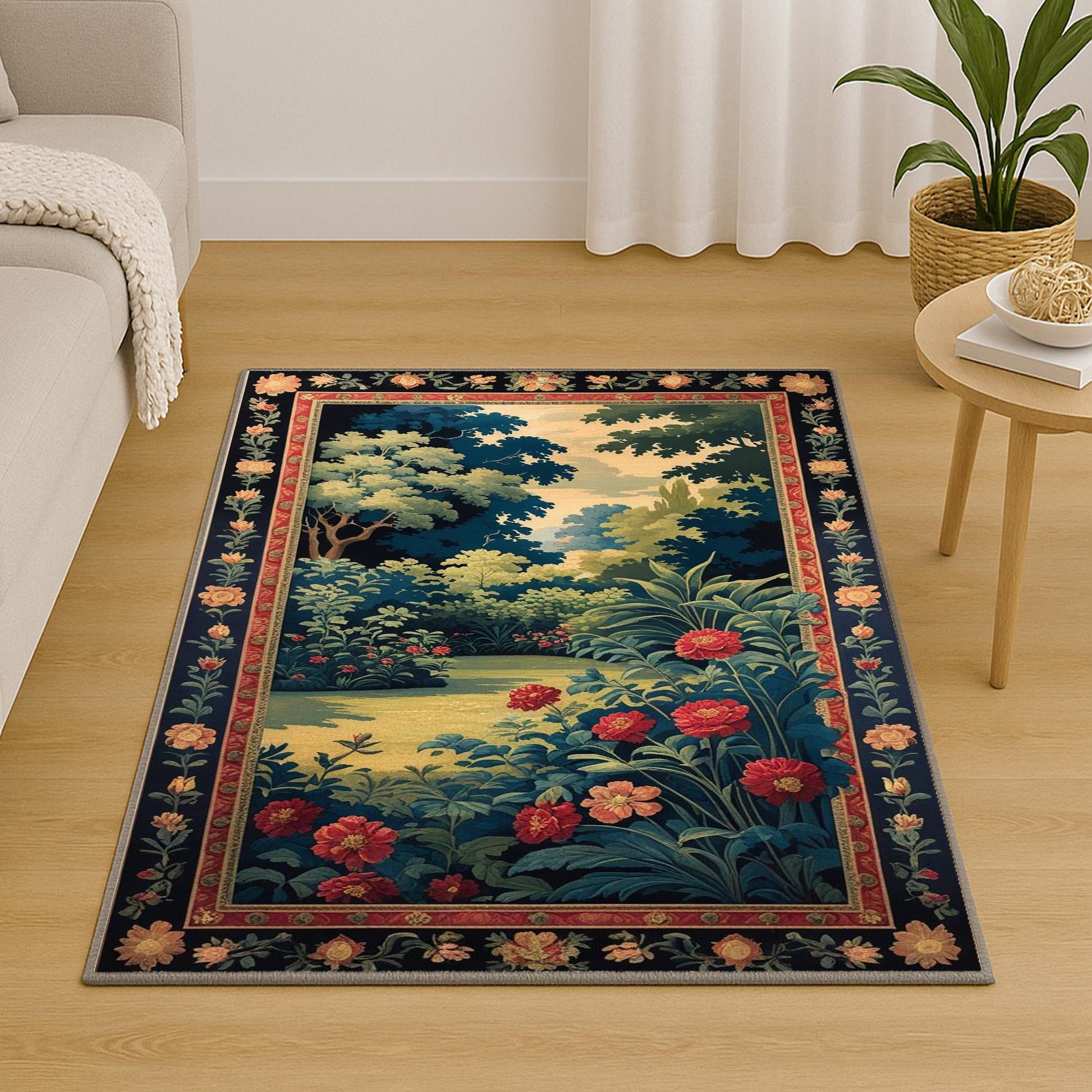 Antique tapestry-style chenille rug featuring a lush garden with red flowers and Victorian floral border, washable non-slip backing, perfect for vintage home decor.