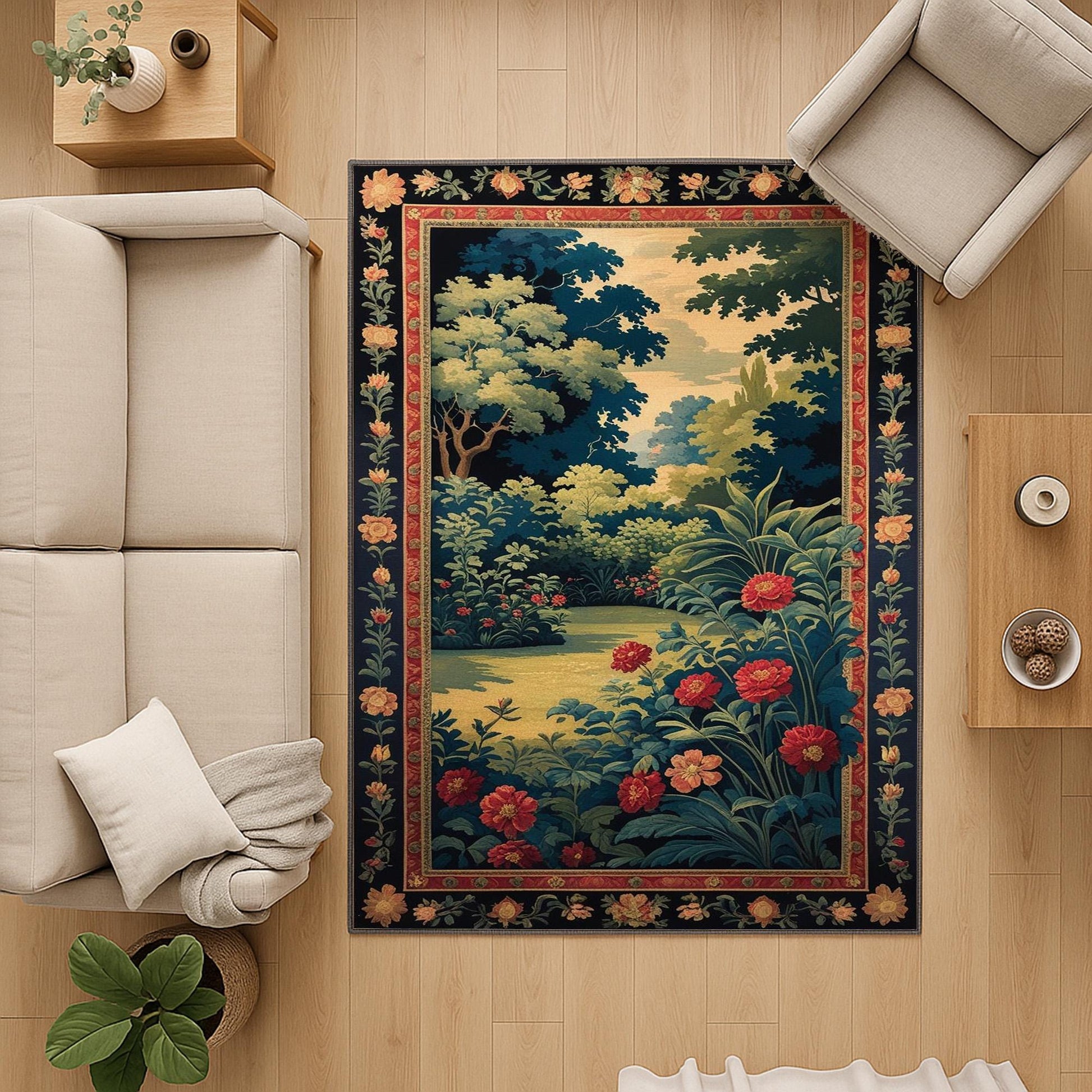 Antique tapestry-style chenille rug featuring a lush garden with red flowers and Victorian floral border, washable non-slip backing, perfect for vintage home decor.