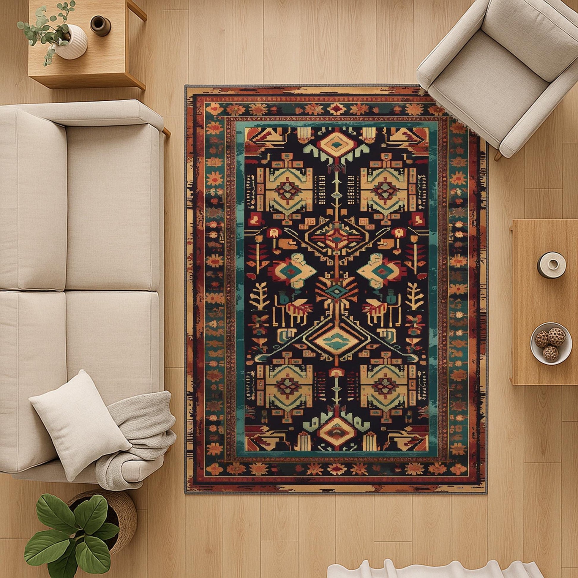 Aztec-inspired chenille rug with oriental influence, antique floral border, geometric tribal motifs, washable non-slip backing, perfect for boho and vintage decor.
