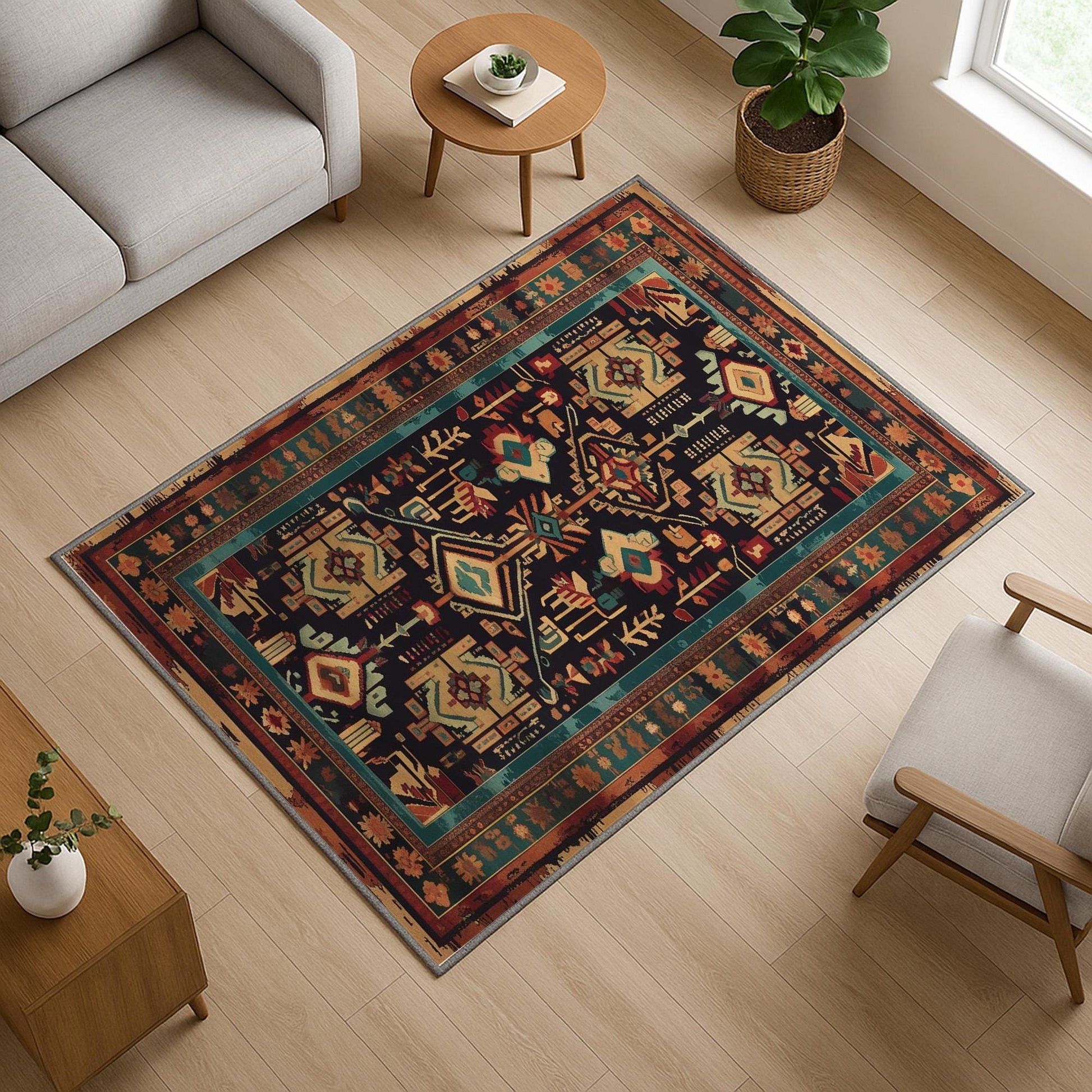 Aztec-inspired chenille rug with oriental influence, antique floral border, geometric tribal motifs, washable non-slip backing, perfect for boho and vintage decor.