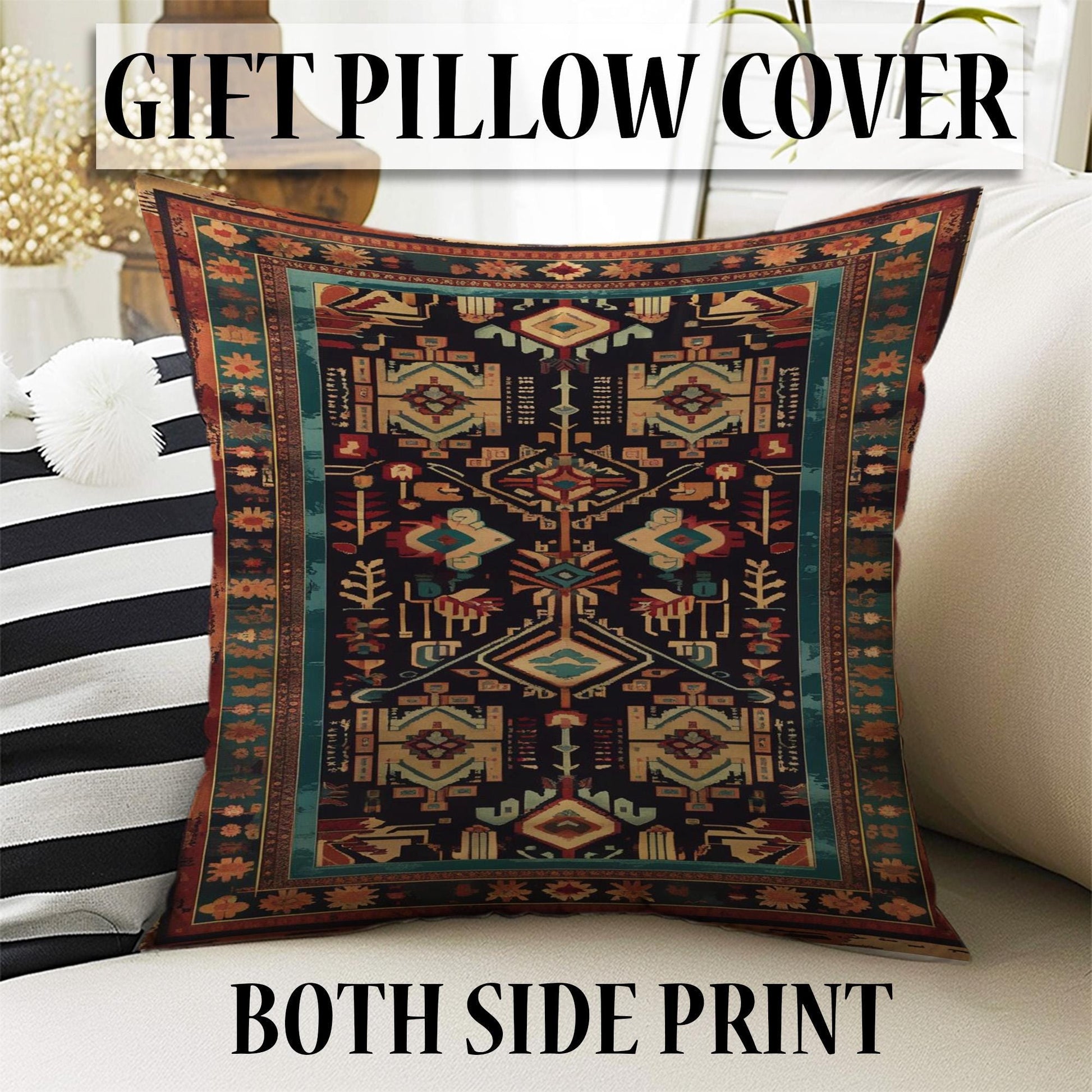 Aztec-inspired chenille rug with oriental influence, antique floral border, geometric tribal motifs, washable non-slip backing, perfect for boho and vintage decor.