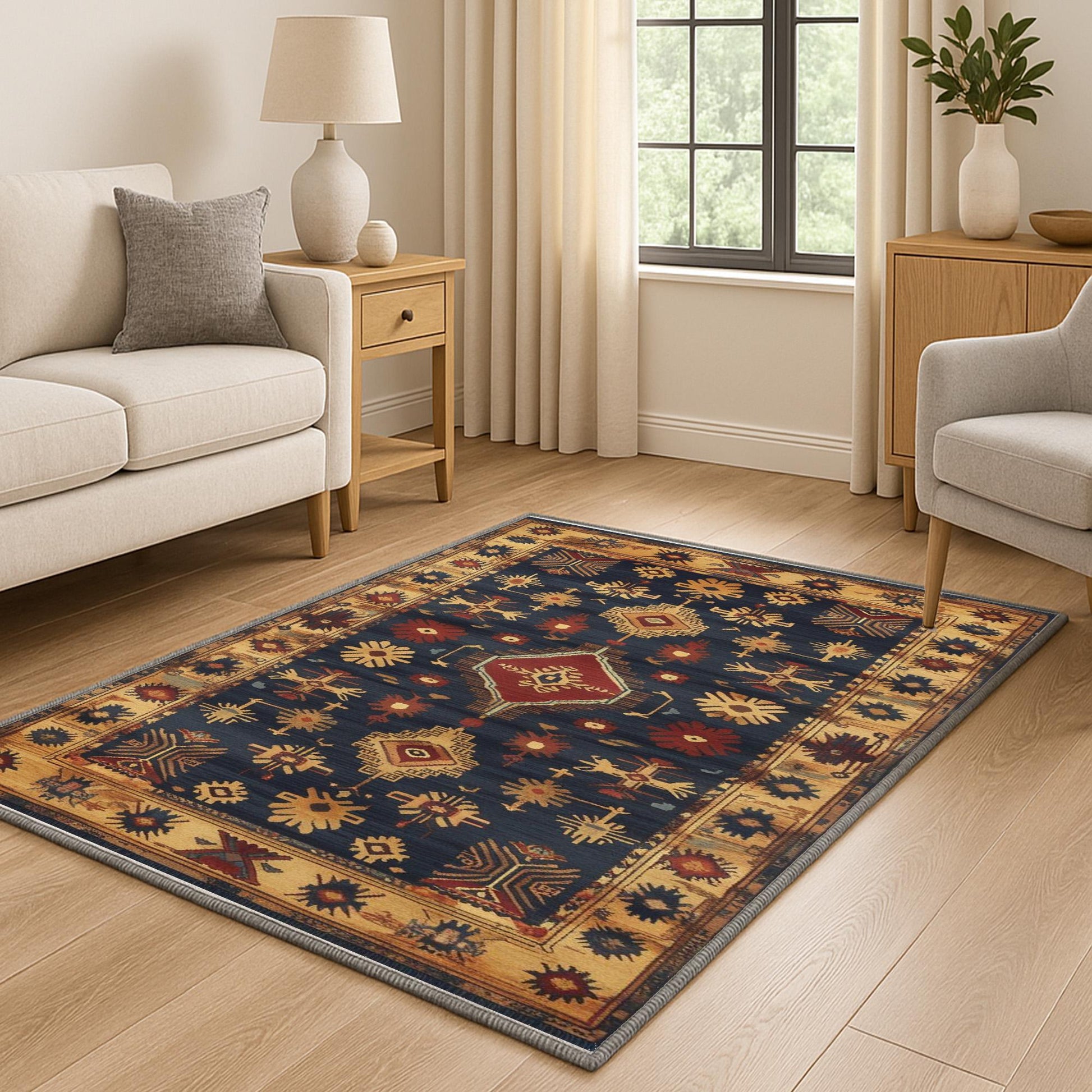 Aztec-inspired chenille rug with oriental influence, navy background, red and gold tribal geometric motifs, washable non-slip backing, perfect for boho and rustic decor.