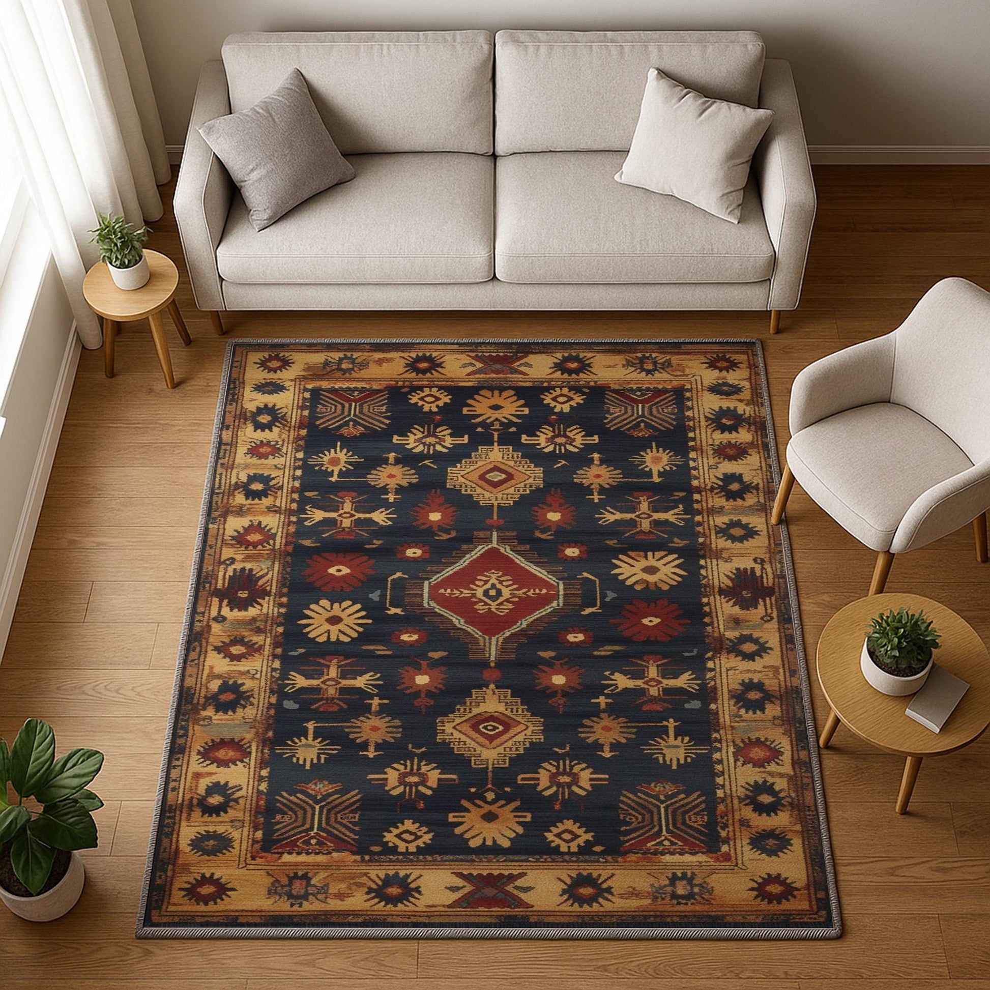 Aztec-inspired chenille rug with oriental influence, navy background, red and gold tribal geometric motifs, washable non-slip backing, perfect for boho and rustic decor.