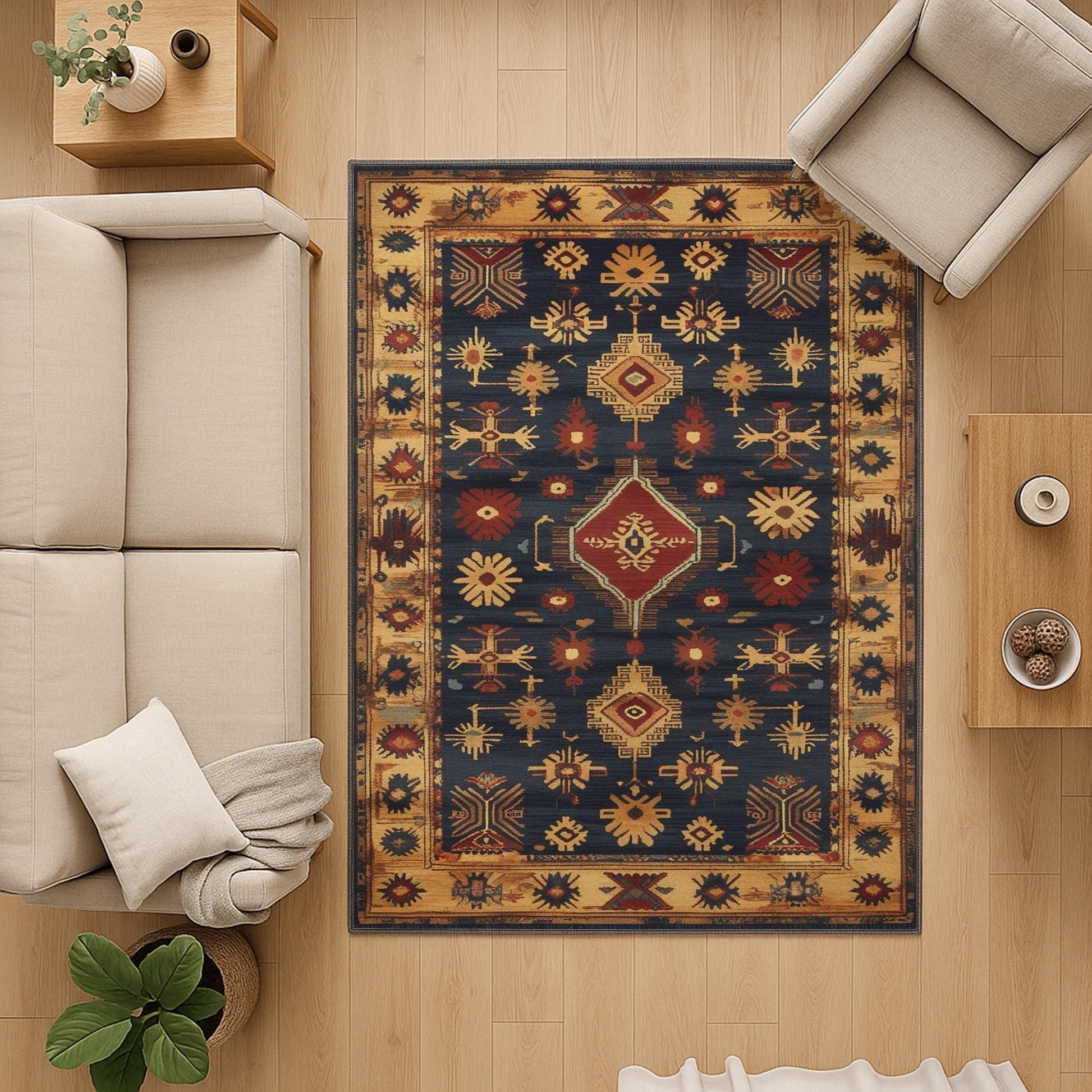 Aztec-inspired chenille rug with oriental influence, navy background, red and gold tribal geometric motifs, washable non-slip backing, perfect for boho and rustic decor.