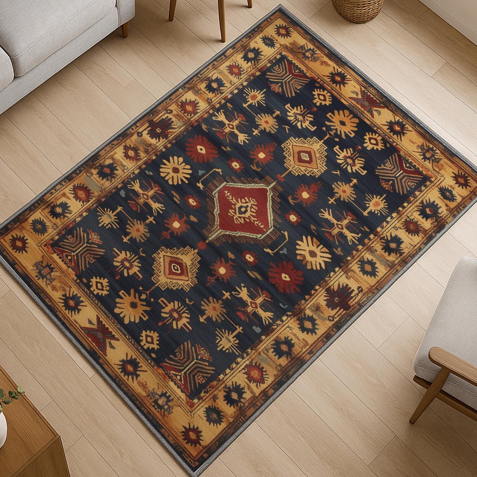Aztec-inspired chenille rug with oriental influence, navy background, red and gold tribal geometric motifs, washable non-slip backing, perfect for boho and rustic decor.