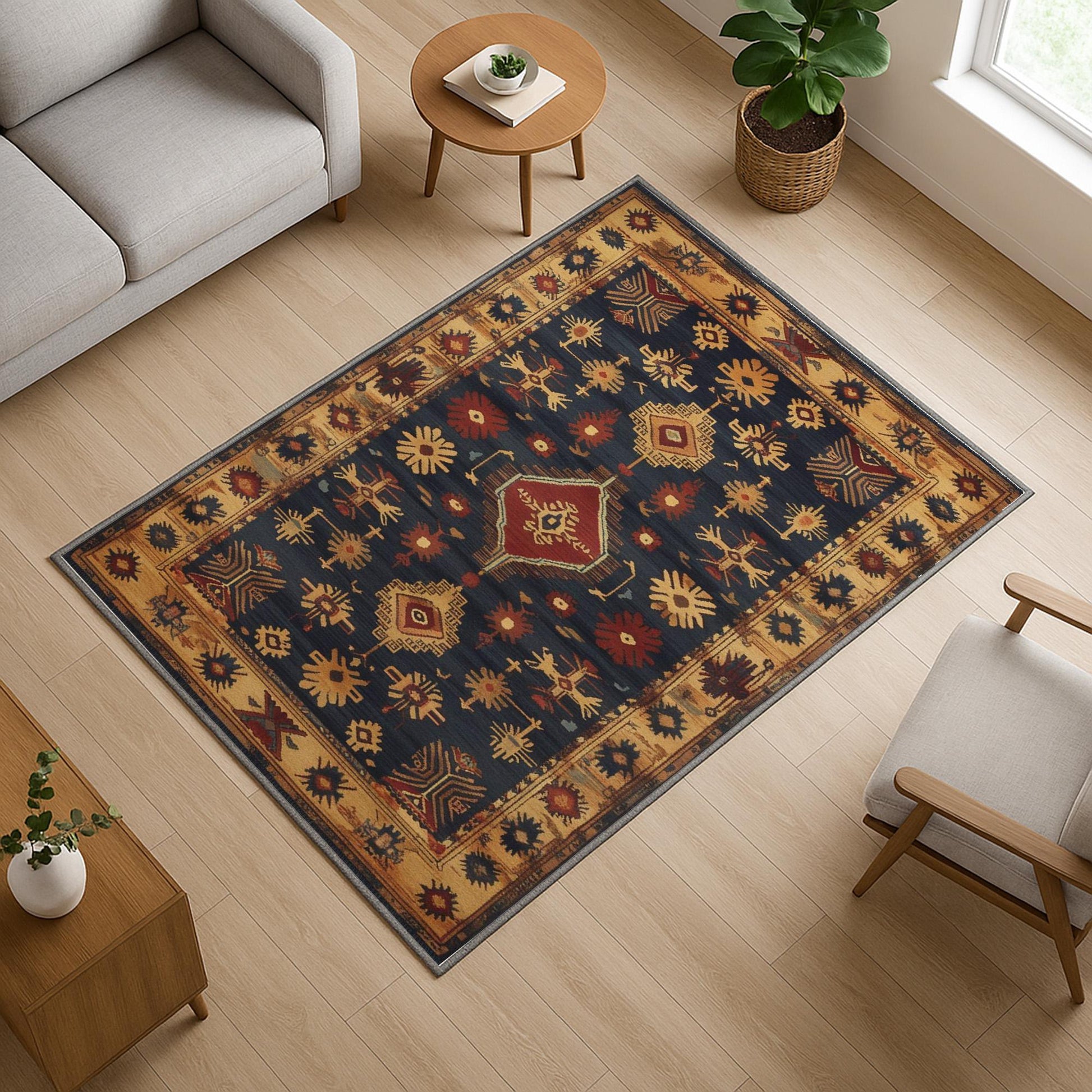 Aztec-inspired chenille rug with oriental influence, navy background, red and gold tribal geometric motifs, washable non-slip backing, perfect for boho and rustic decor.