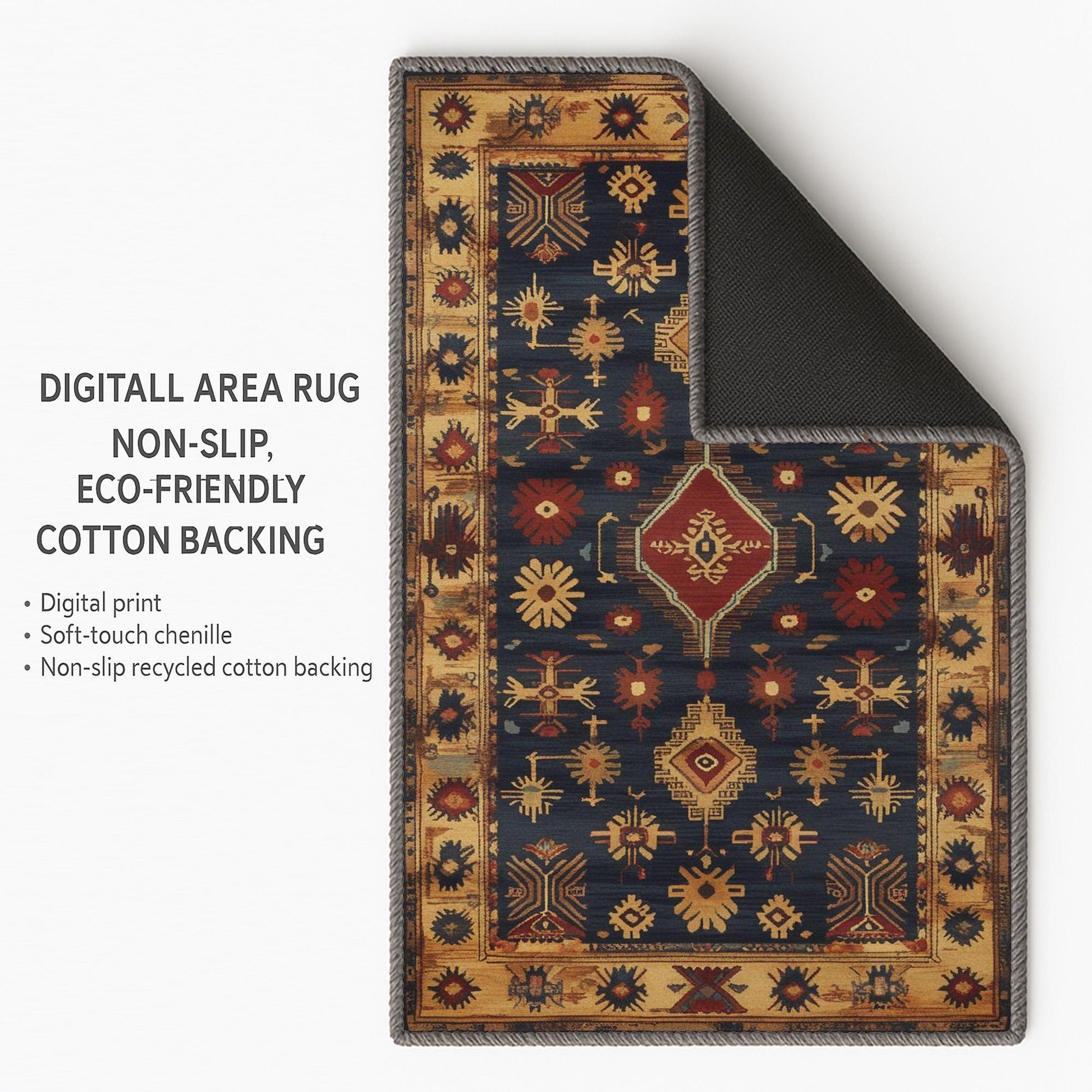Aztec-inspired chenille rug with oriental influence, navy background, red and gold tribal geometric motifs, washable non-slip backing, perfect for boho and rustic decor.